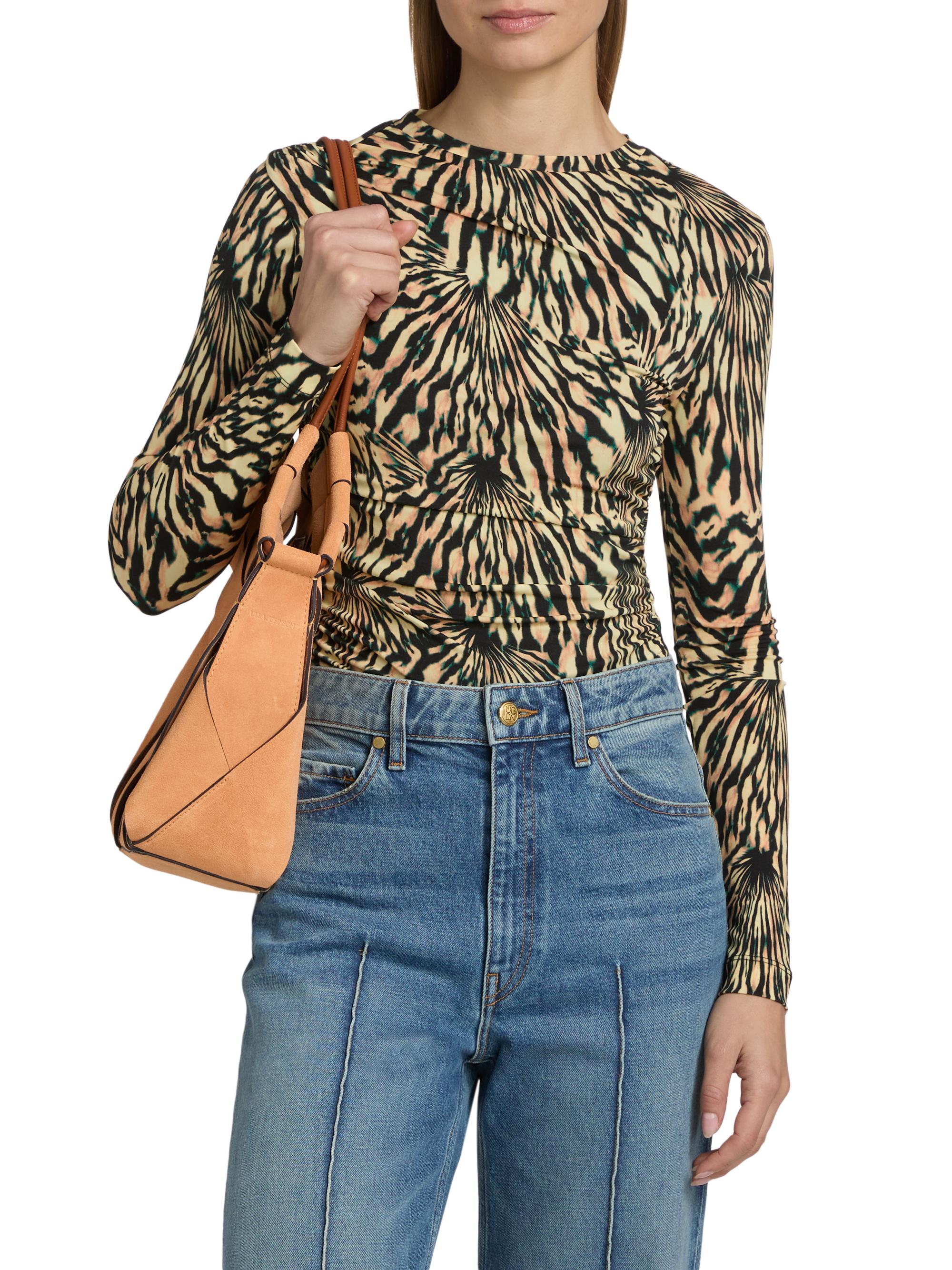 Ulla Johnson Women's Nova Ruched Tiger-Print Long-Sleeve Top - Celestite | Thumbnail 3