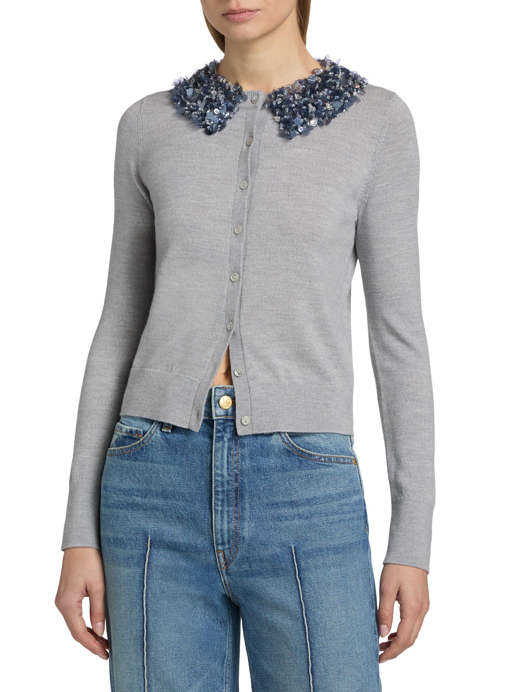 Ulla Johnson Women's Anna Embellished-Collar Merino Wool Cardigan - Ash | Thumbnail 3