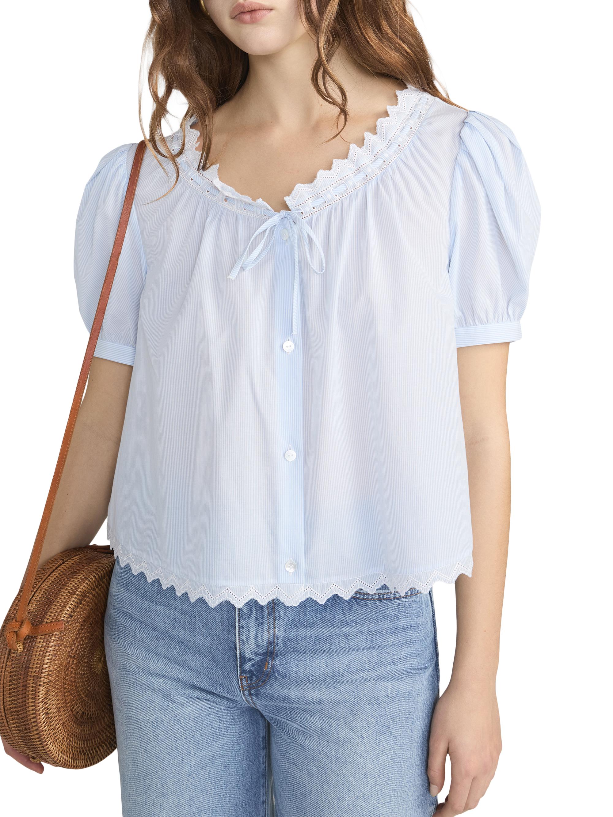 FRAME Women's The Serene Striped Cotton Top - Powder Blue Multi | Thumbnail 4