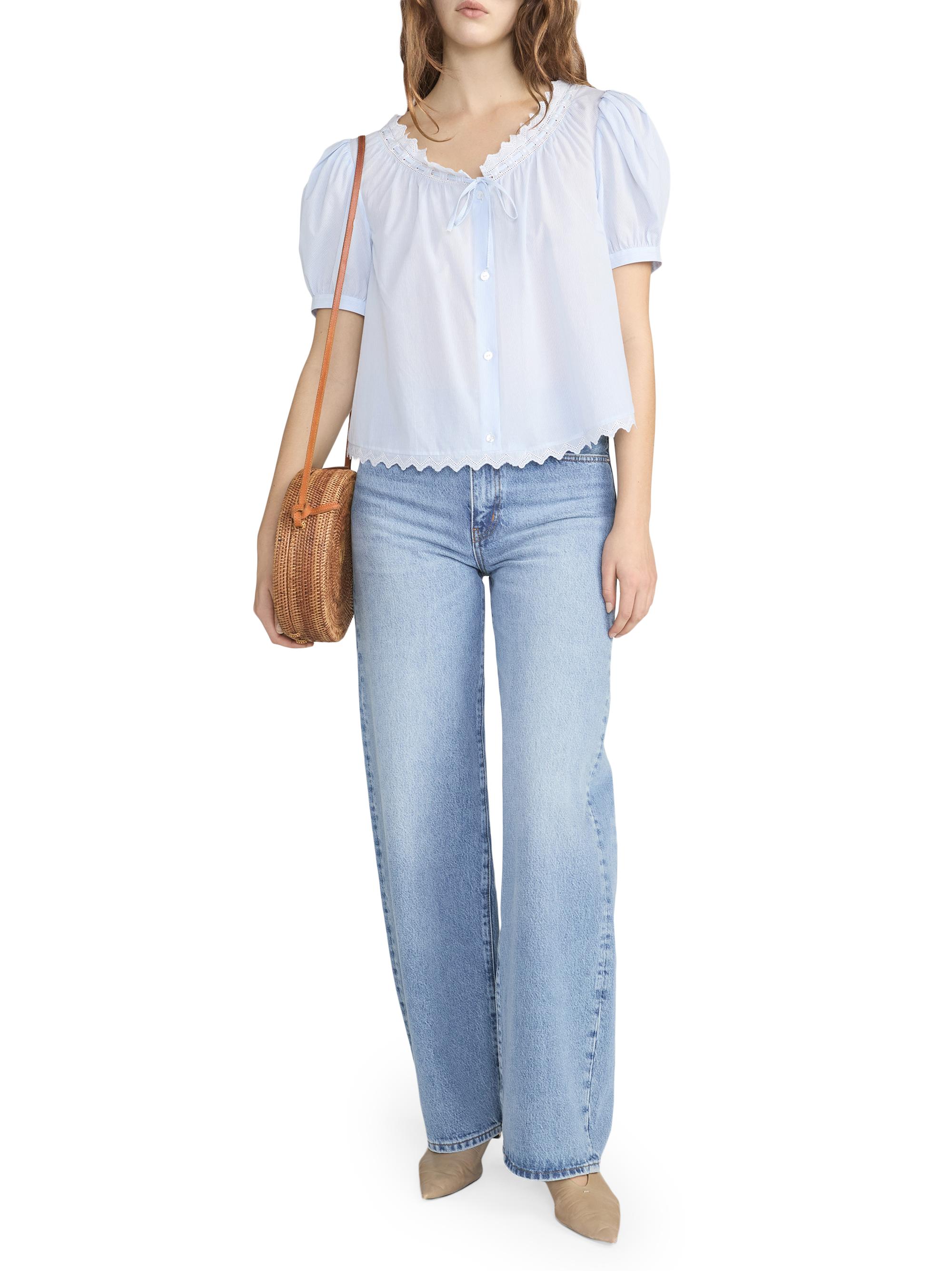 FRAME Women's The Serene Striped Cotton Top - Powder Blue Multi | Thumbnail 2