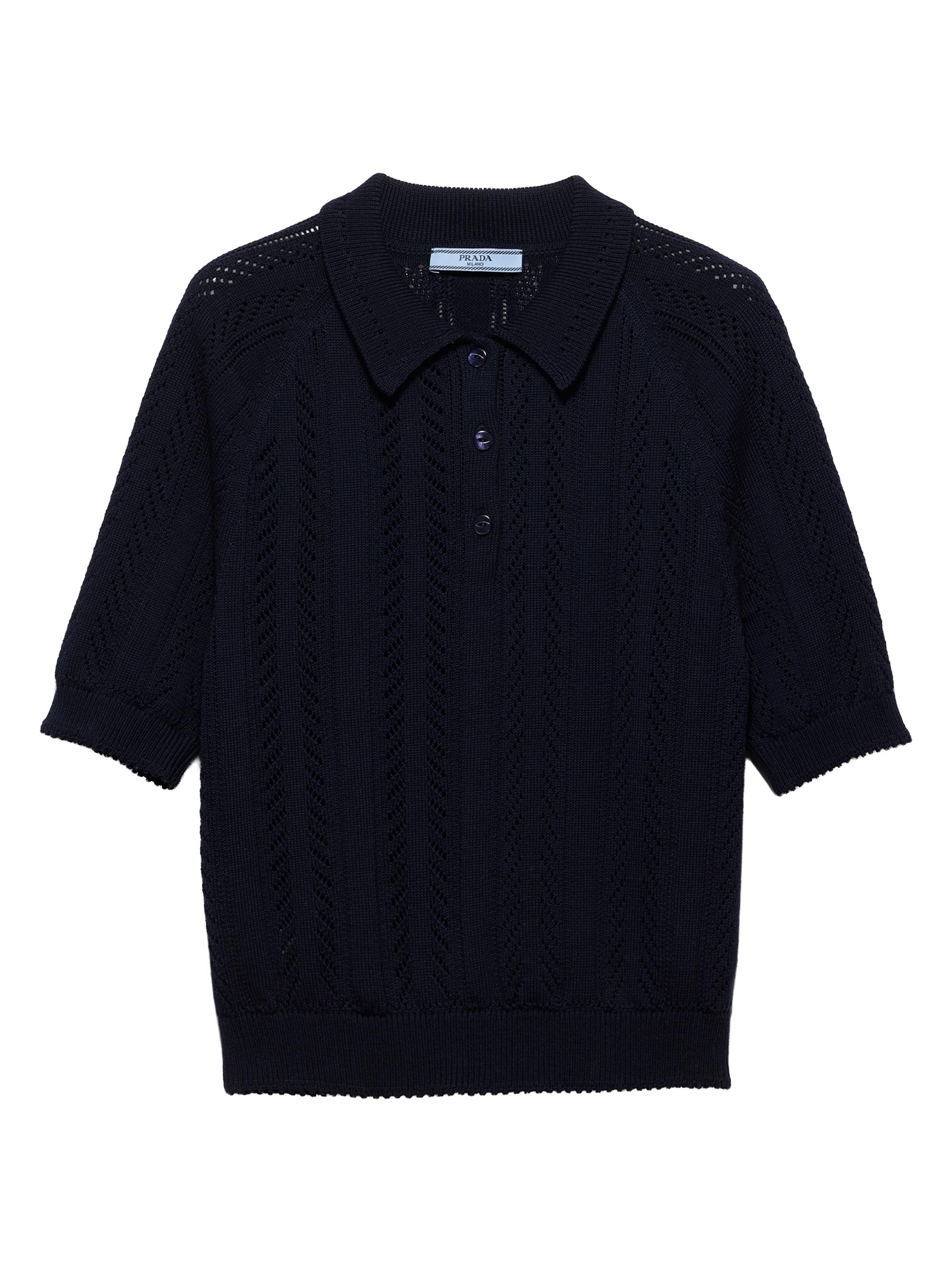 Prada Women's Short-Sleeved Openwork Cotton Polo Shirt - Blue