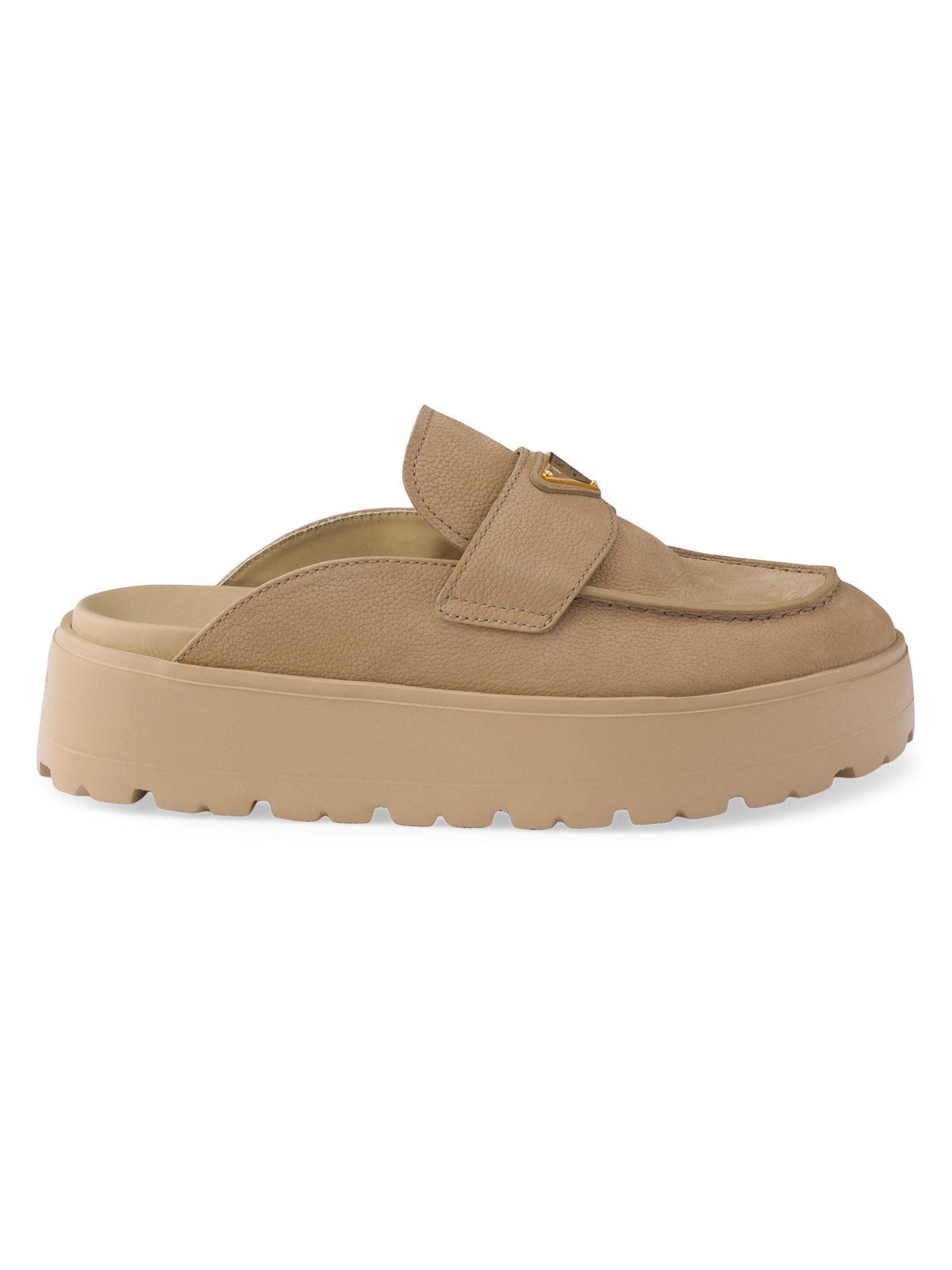 Prada Women's Nubuck Flatform Mules - Beige Khaki