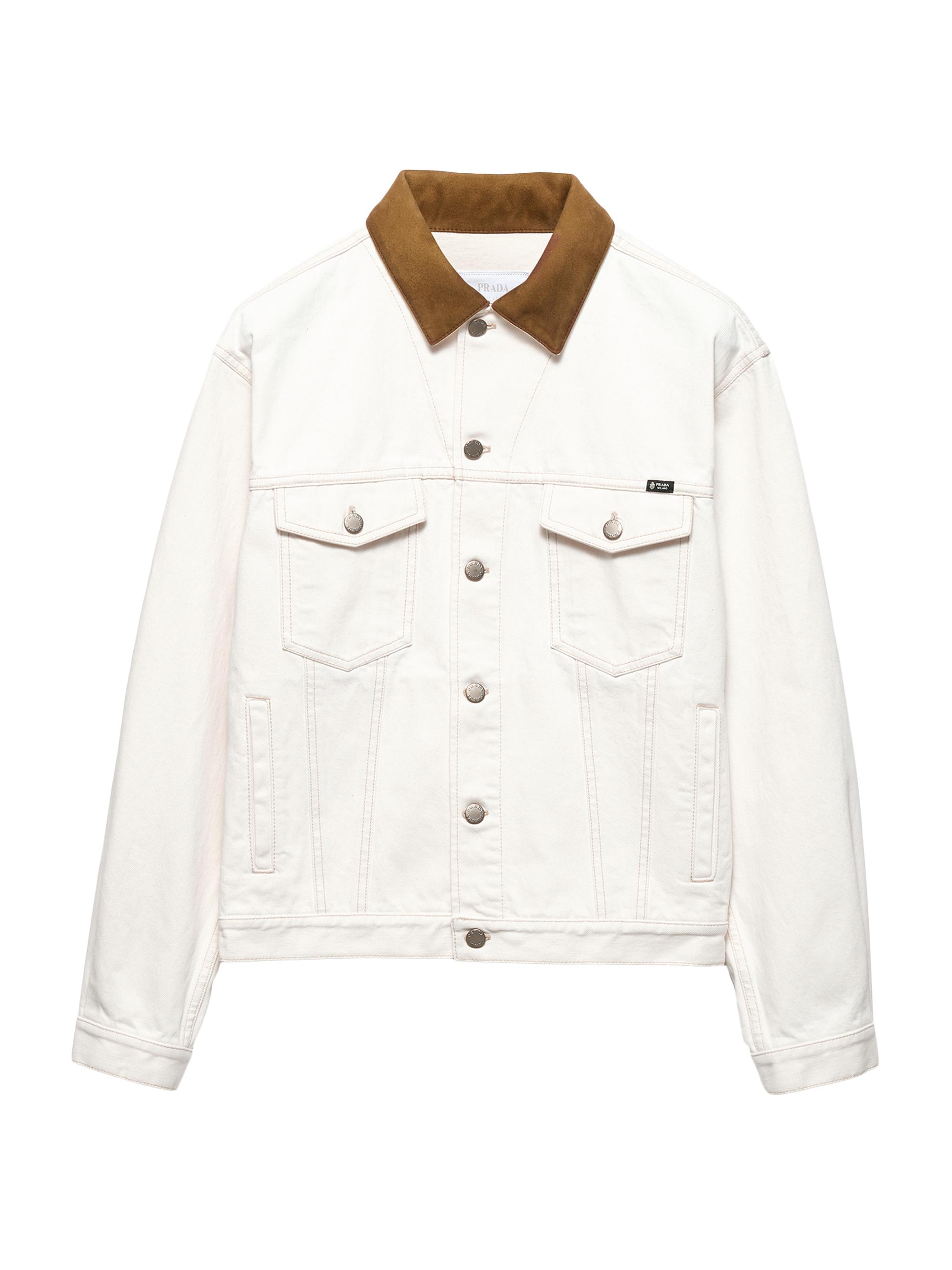 Prada Men's Old Denim Jacket with Leather Details - White