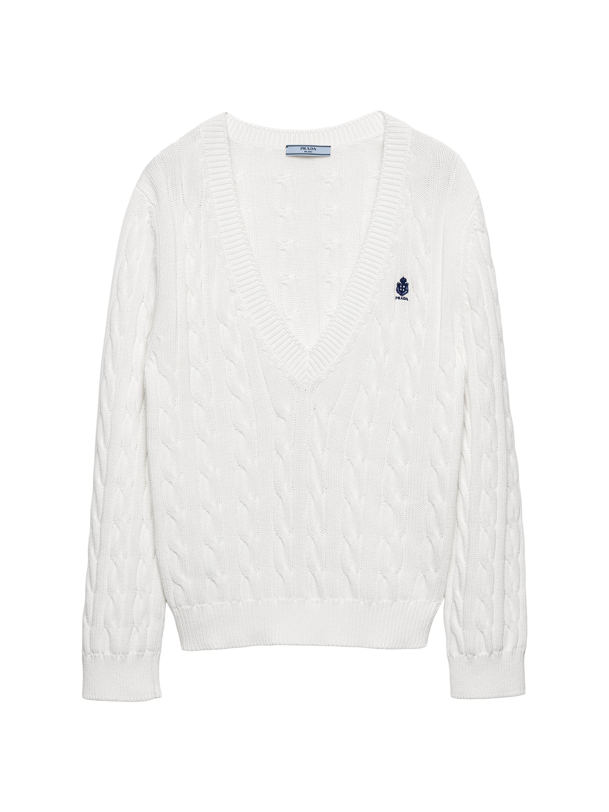 Prada Women's Cable-Knit V-Neck Cotton Sweater - White