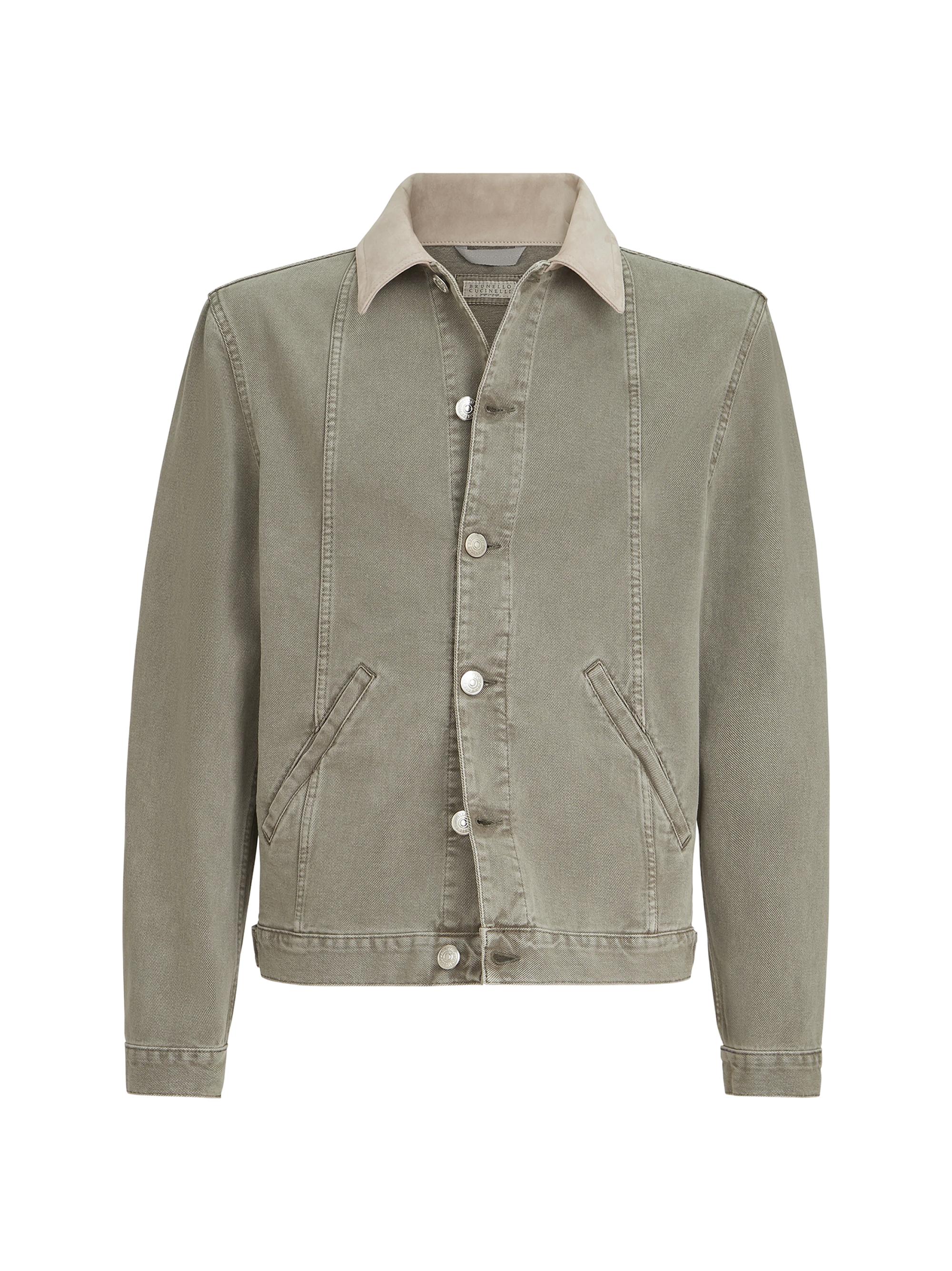 Men's Garment Dyed Outerwear Jacket in Denim with Leather Collar - Military
