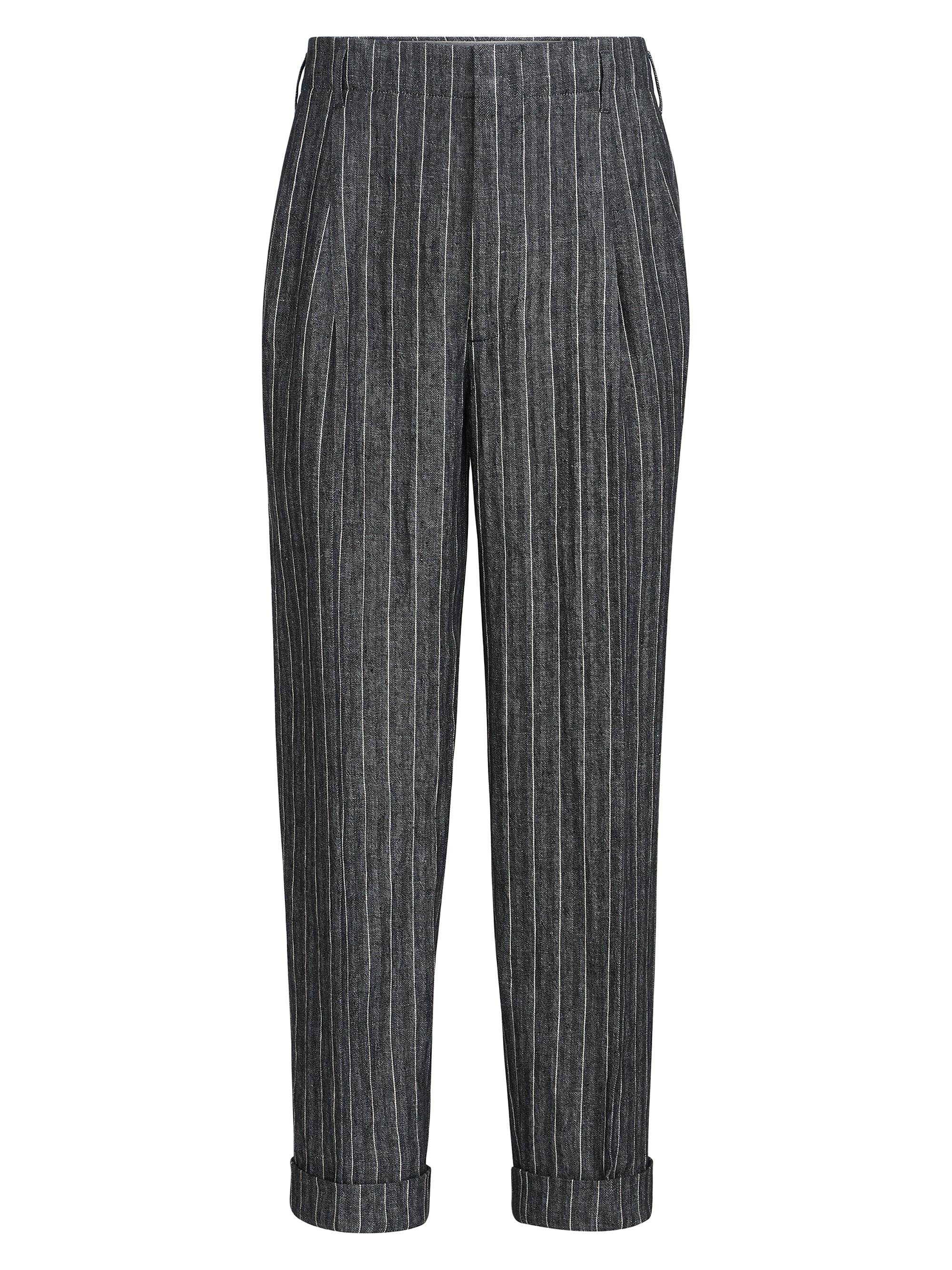 Brunello Cucinelli Men's Linen Chalk Stripe Chevron Trousers with Double Pleats - Dark Grey