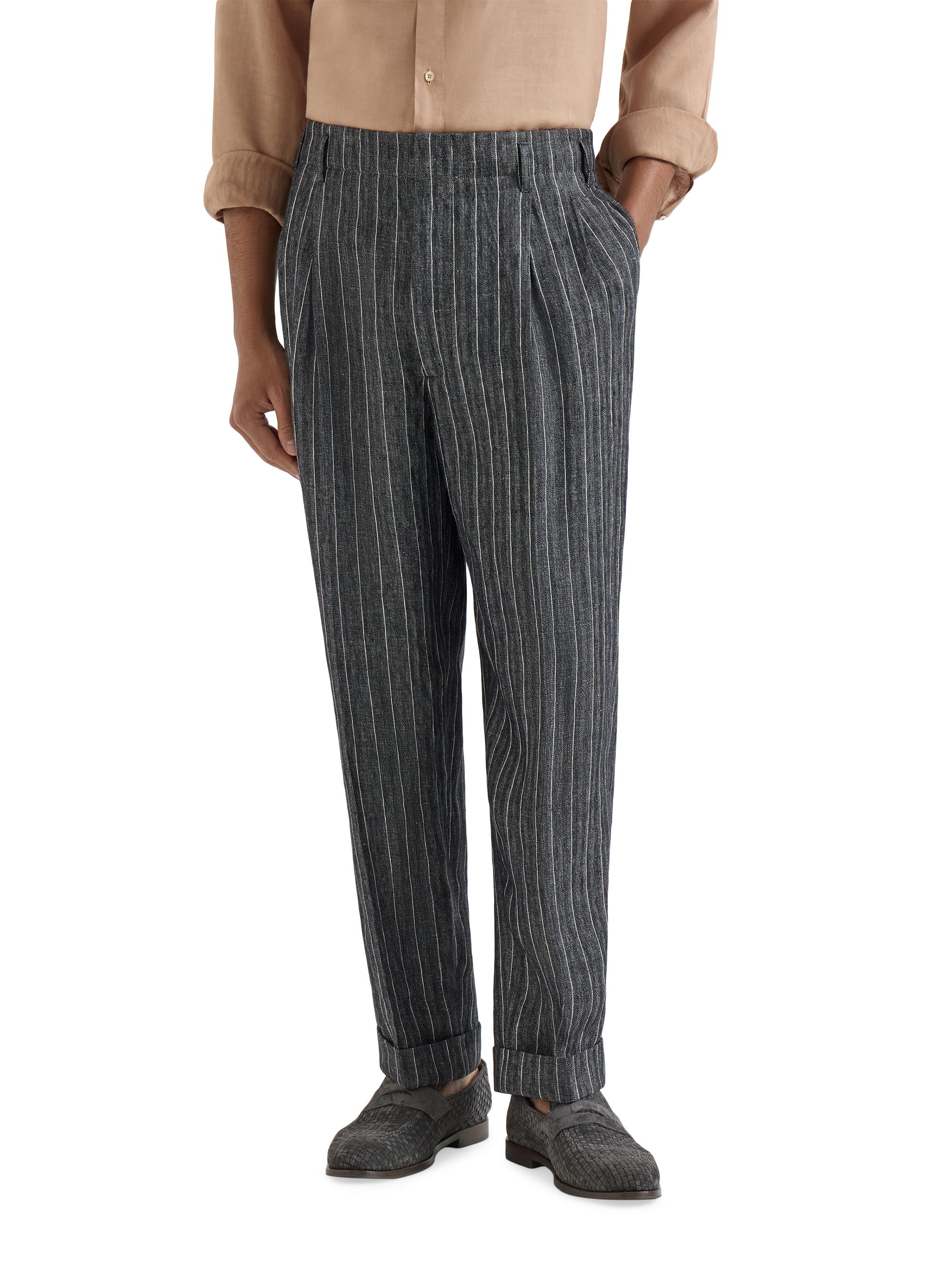 Brunello Cucinelli Men's Linen Chalk Stripe Chevron Trousers with Double Pleats - Dark Grey | Thumbnail 2