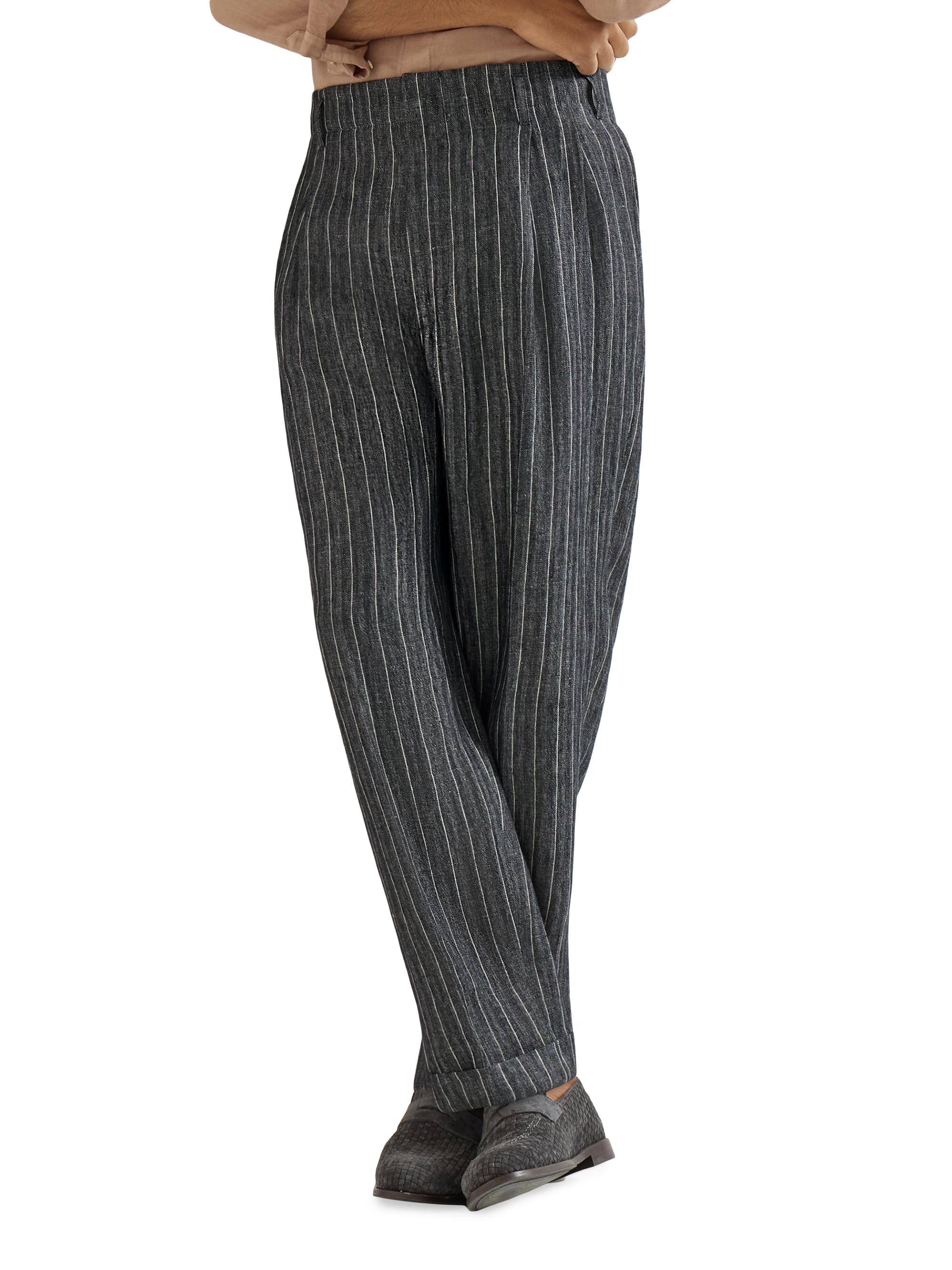 Brunello Cucinelli Men's Linen Chalk Stripe Chevron Trousers with Double Pleats - Dark Grey | Thumbnail 3