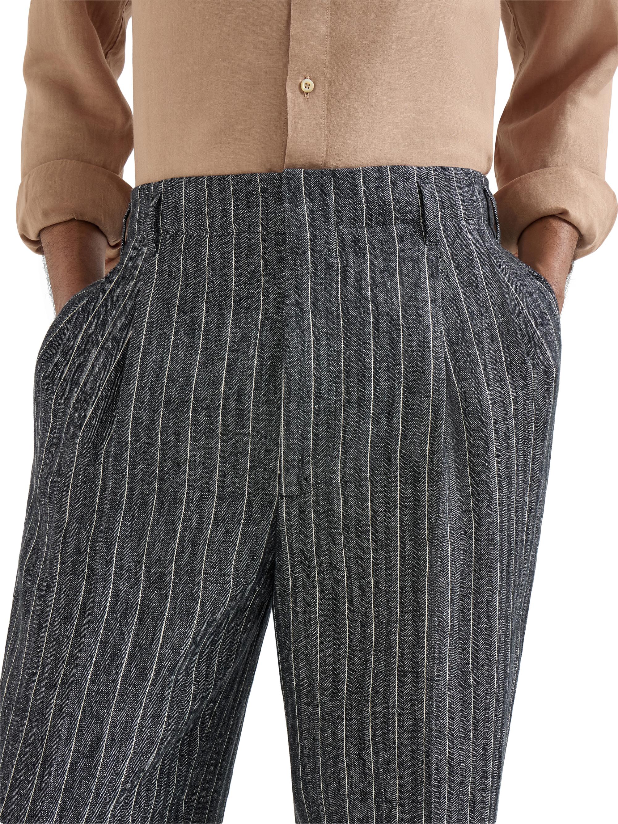 Brunello Cucinelli Men's Linen Chalk Stripe Chevron Trousers with Double Pleats - Dark Grey | Thumbnail 5