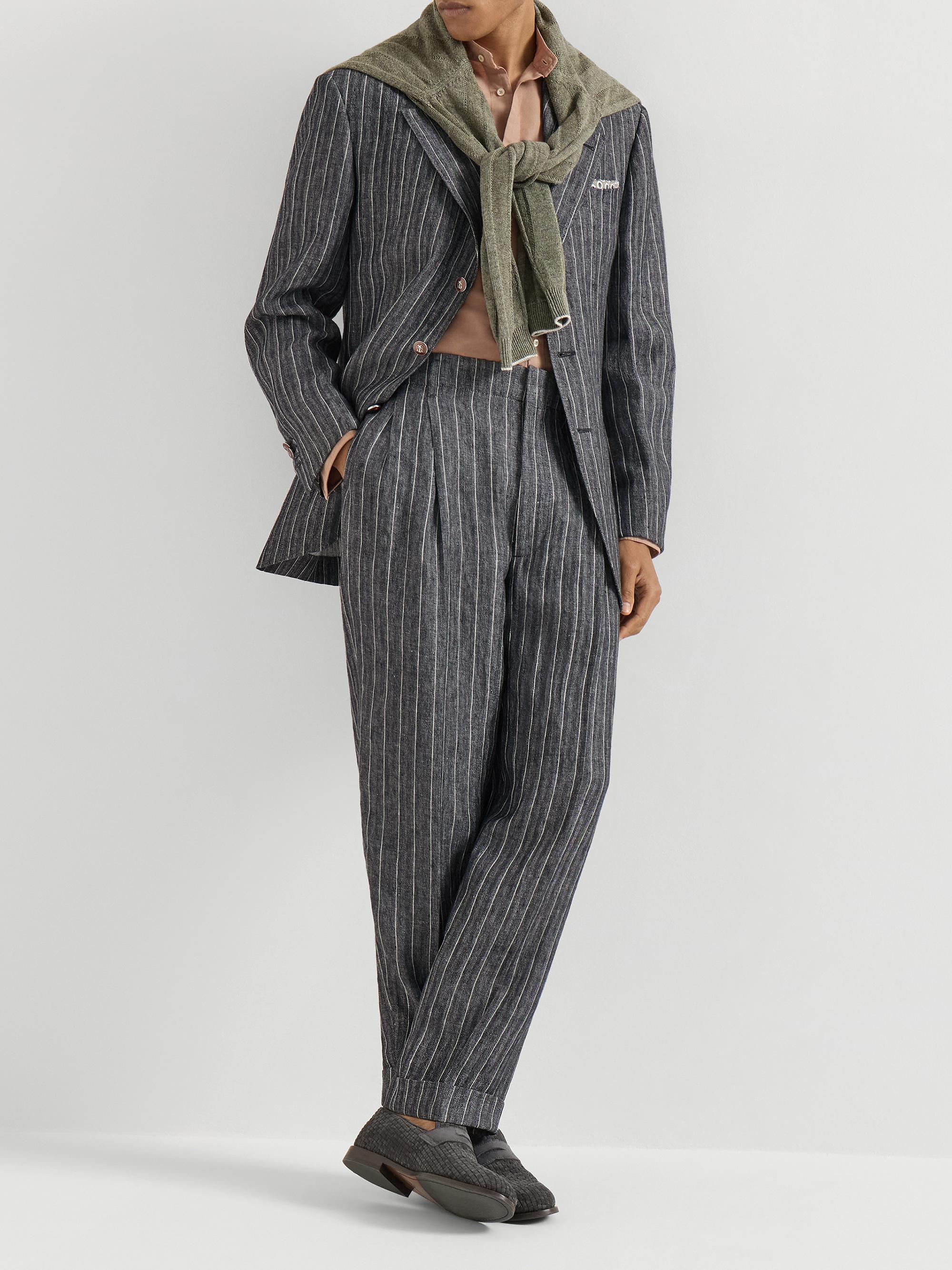 Brunello Cucinelli Men's Linen Chalk Stripe Chevron Trousers with Double Pleats - Dark Grey | Thumbnail 6