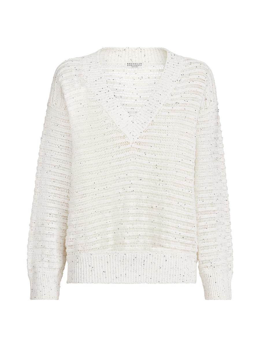 Brunello Cucinelli Linen Diamond Yarn Sweater with Openwork