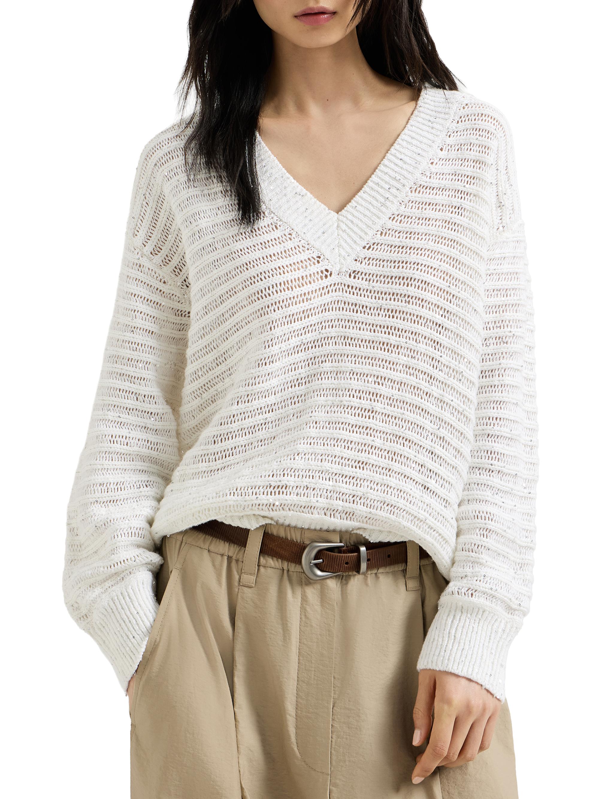 Brunello Cucinelli Linen Diamond Yarn Sweater with Openwork