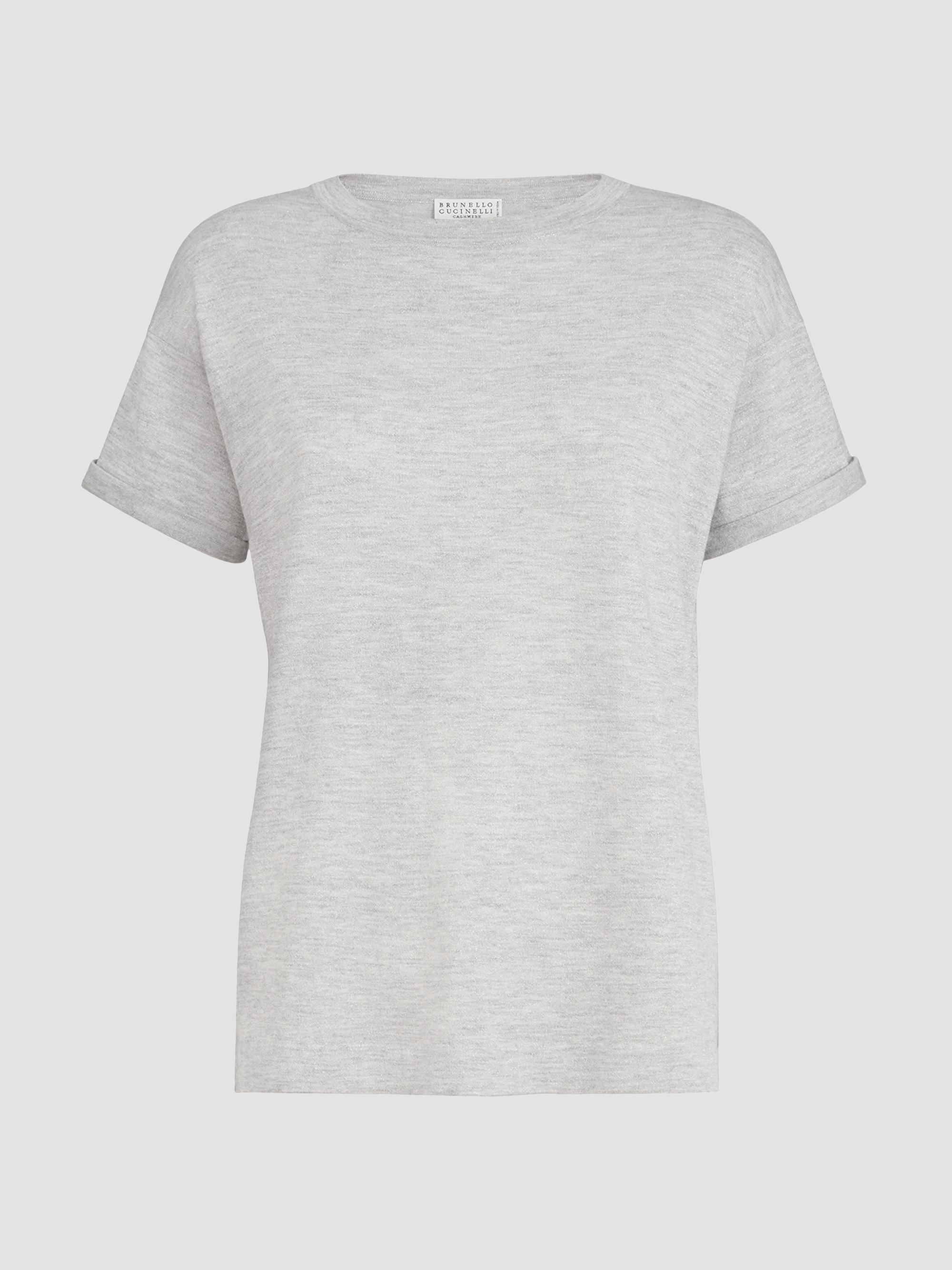 Brunello Cucinelli Women's Sparkling Cashmere and Silk Lightweight Knit T-Shirt - Light Grey | Thumbnail 7