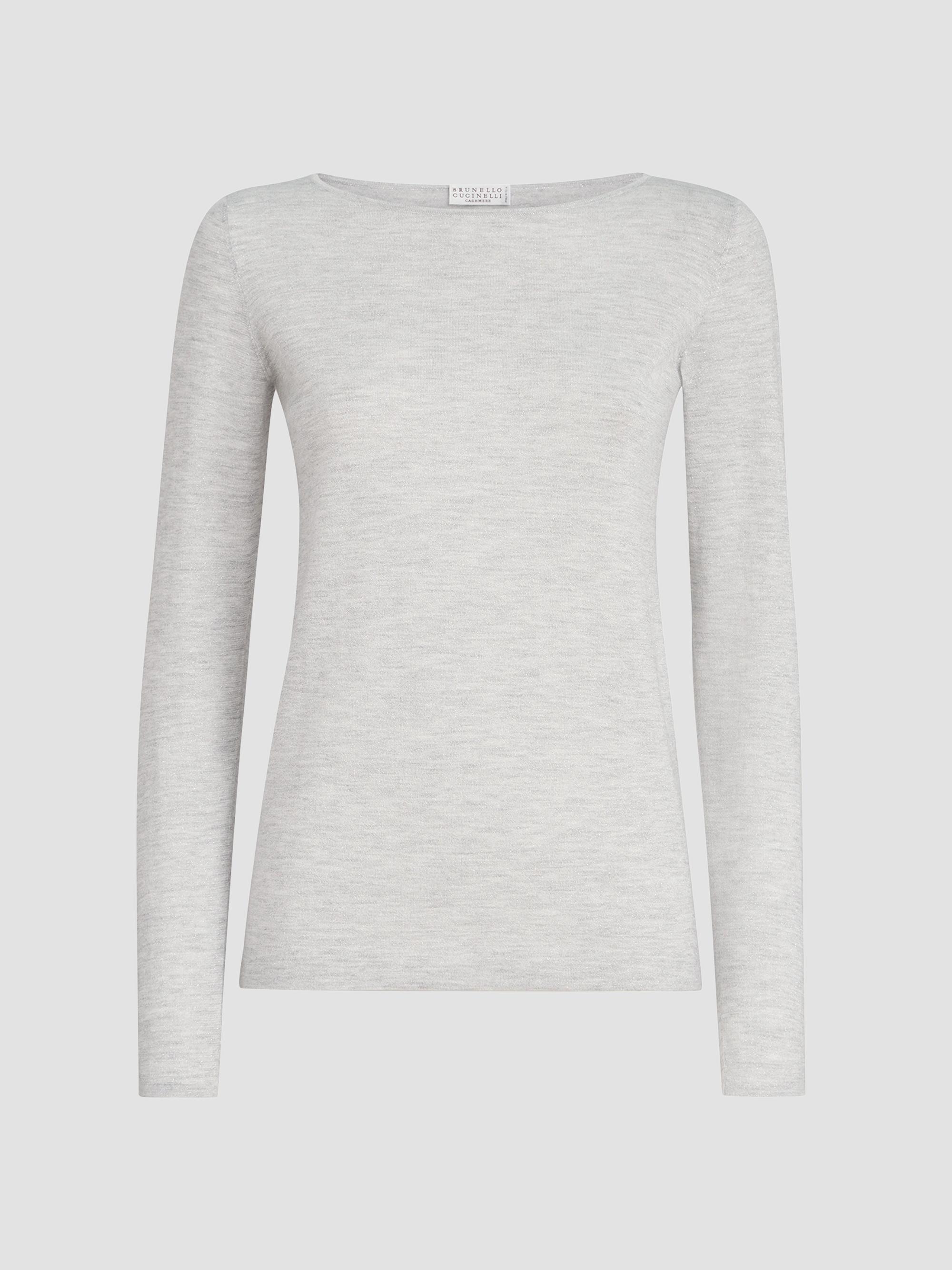 Brunello Cucinelli Women's Sparkling Cashmere and Silk Lightweight Sweater - Light Grey | Thumbnail 7