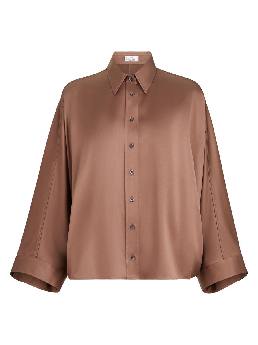 BRUNELLO CUCINELLI ベージュ長袖シャツ　モニーレ付き　XS Brunello Cucinelli Stretch Silk Satin Shirt with Monili | Saks