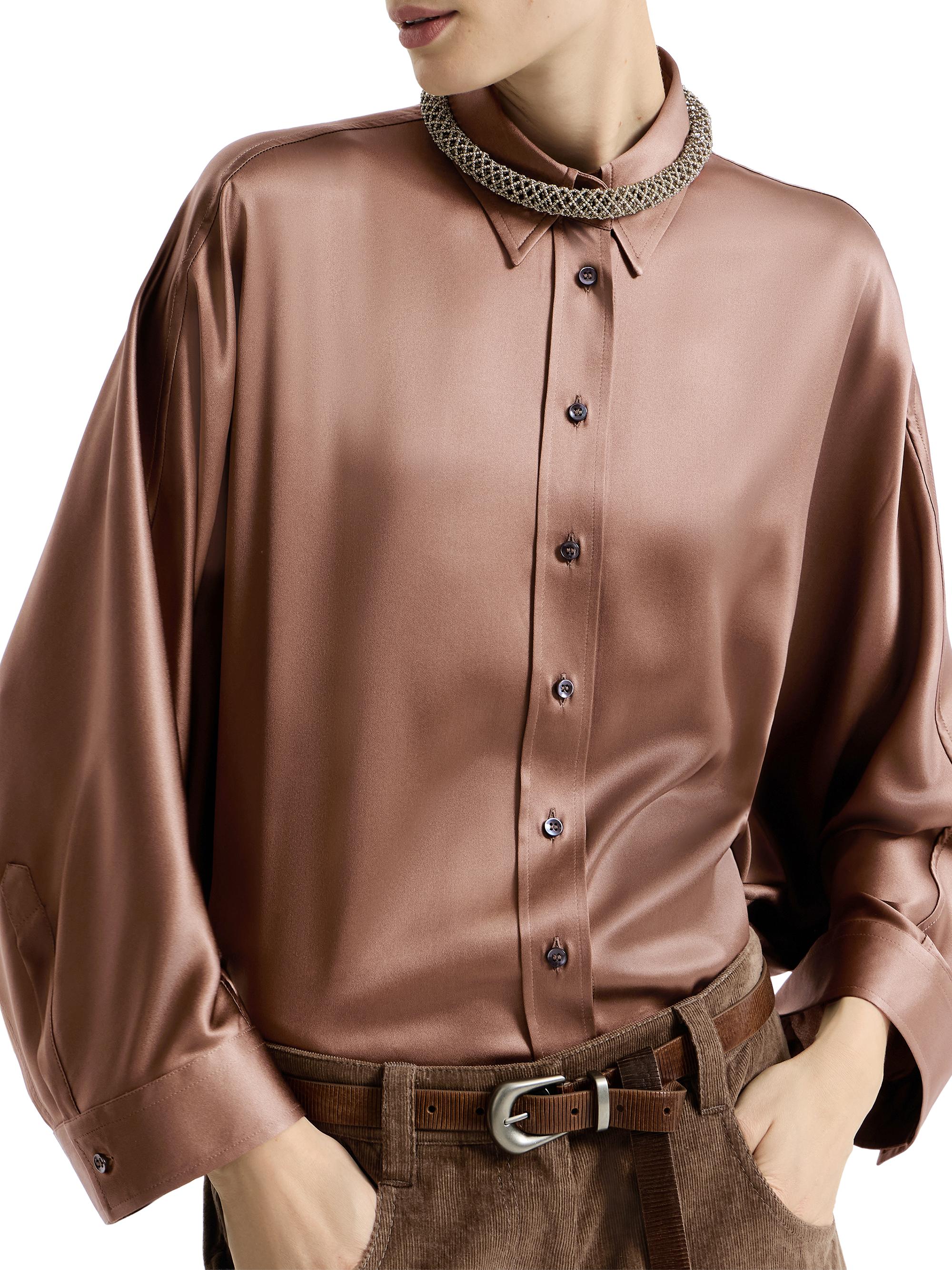 Brunello Cucinelli Stretch Silk Satin Shirt with Monili | Saks