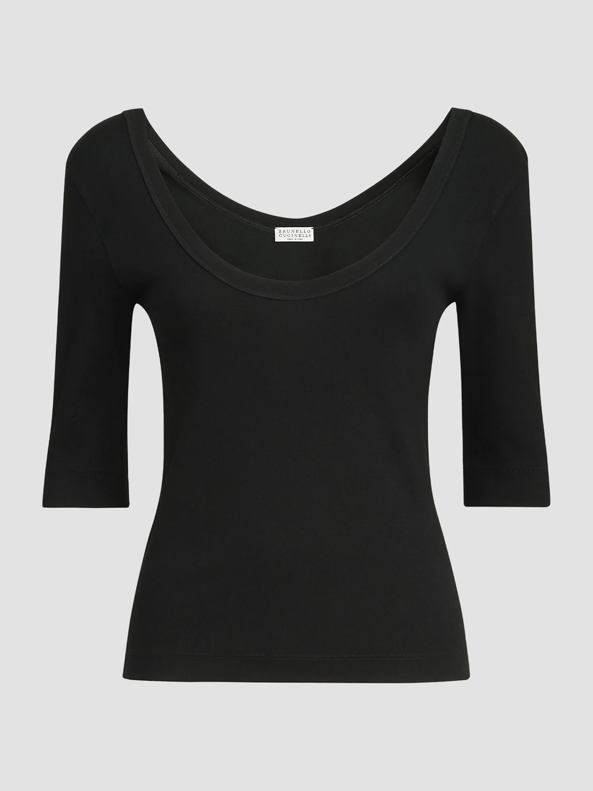 Brunello Cucinelli Women's Stretch Cotton Ribbed Jersey T-Shirt with Monili - Black