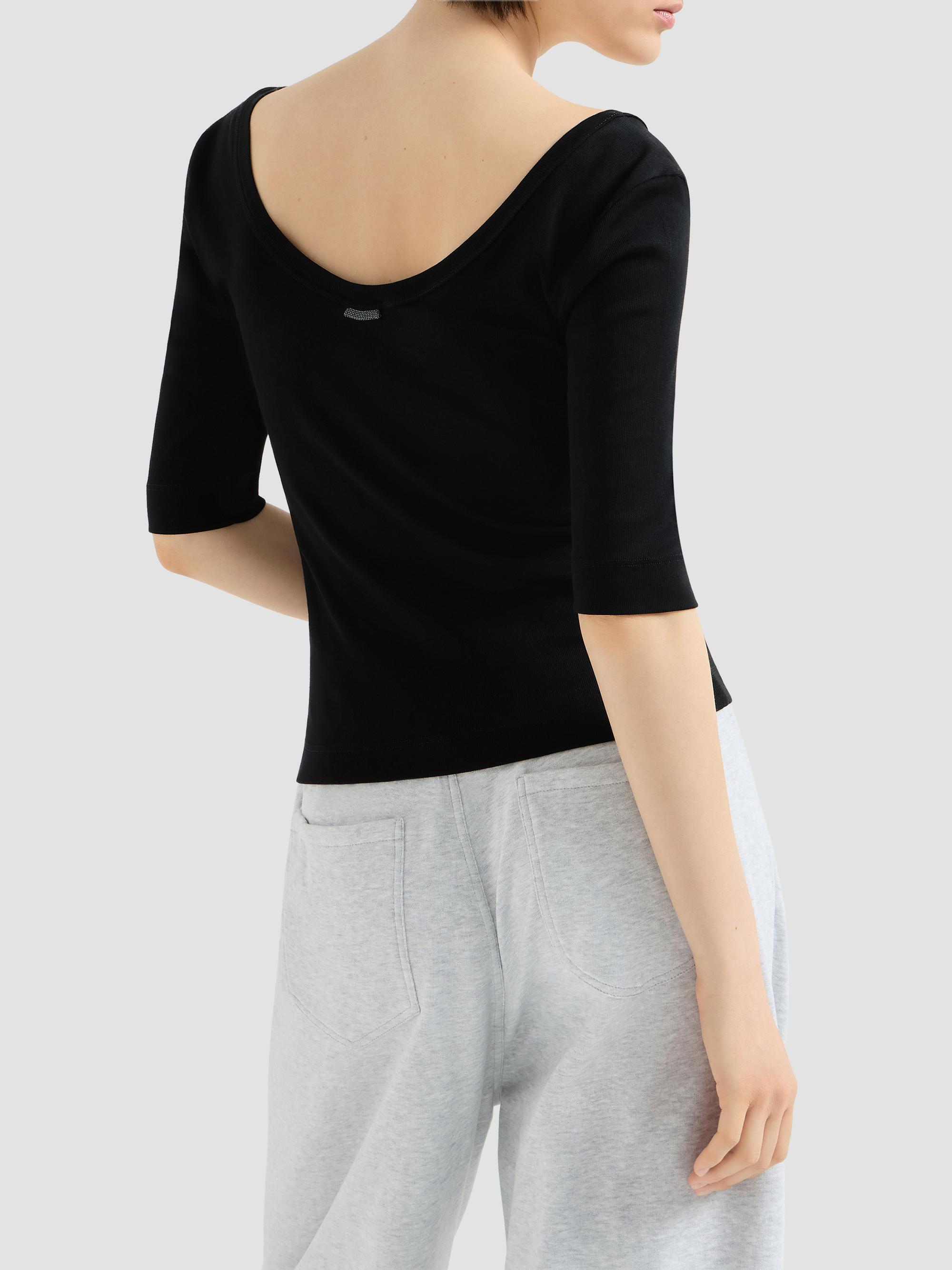 Brunello Cucinelli Women's Stretch Cotton Ribbed Jersey T-Shirt with Monili - Black | Thumbnail 3
