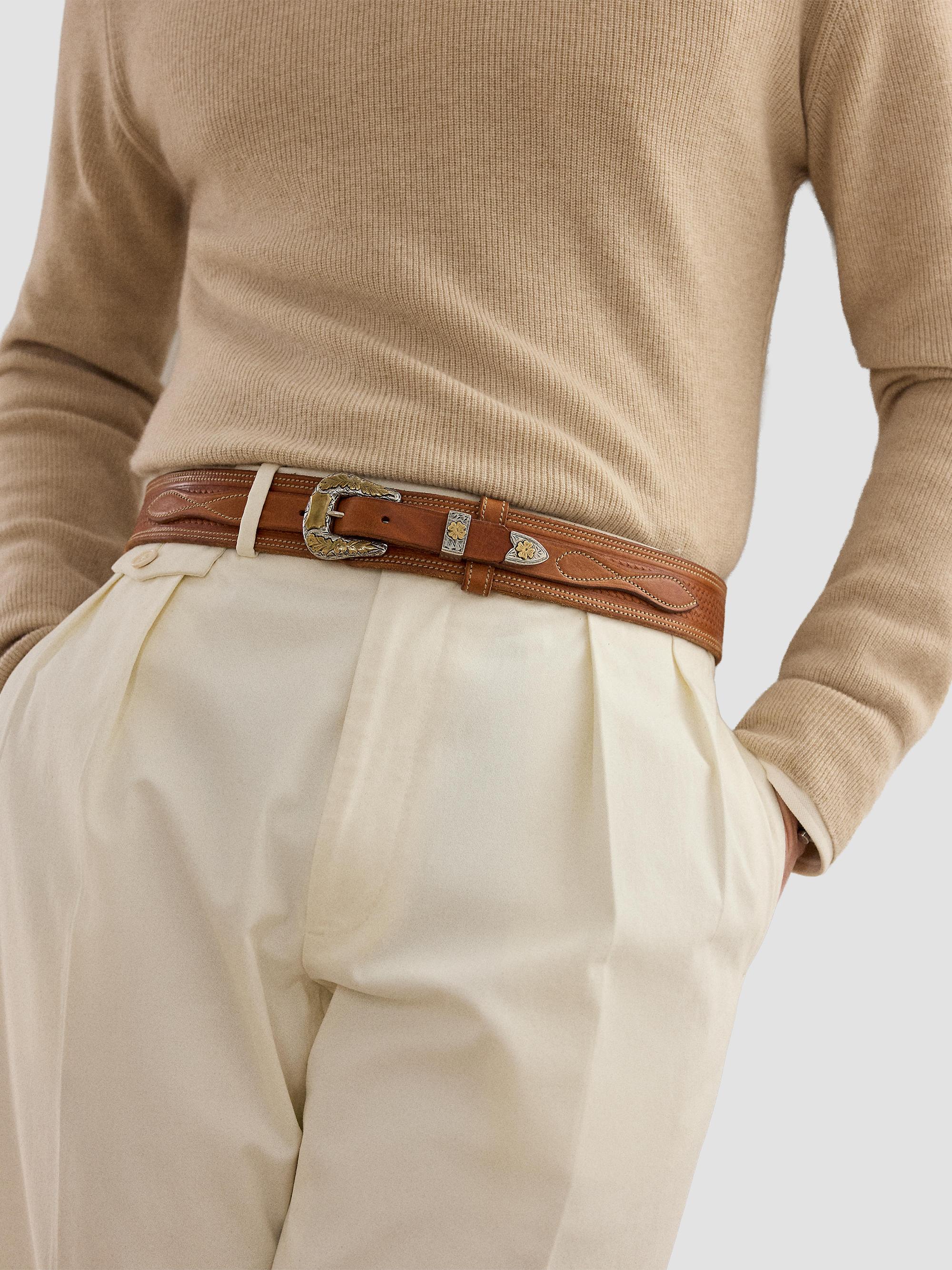 Ralph Lauren Purple Label Men's Topstitched Leather Belt - Rl Brown | Thumbnail 2