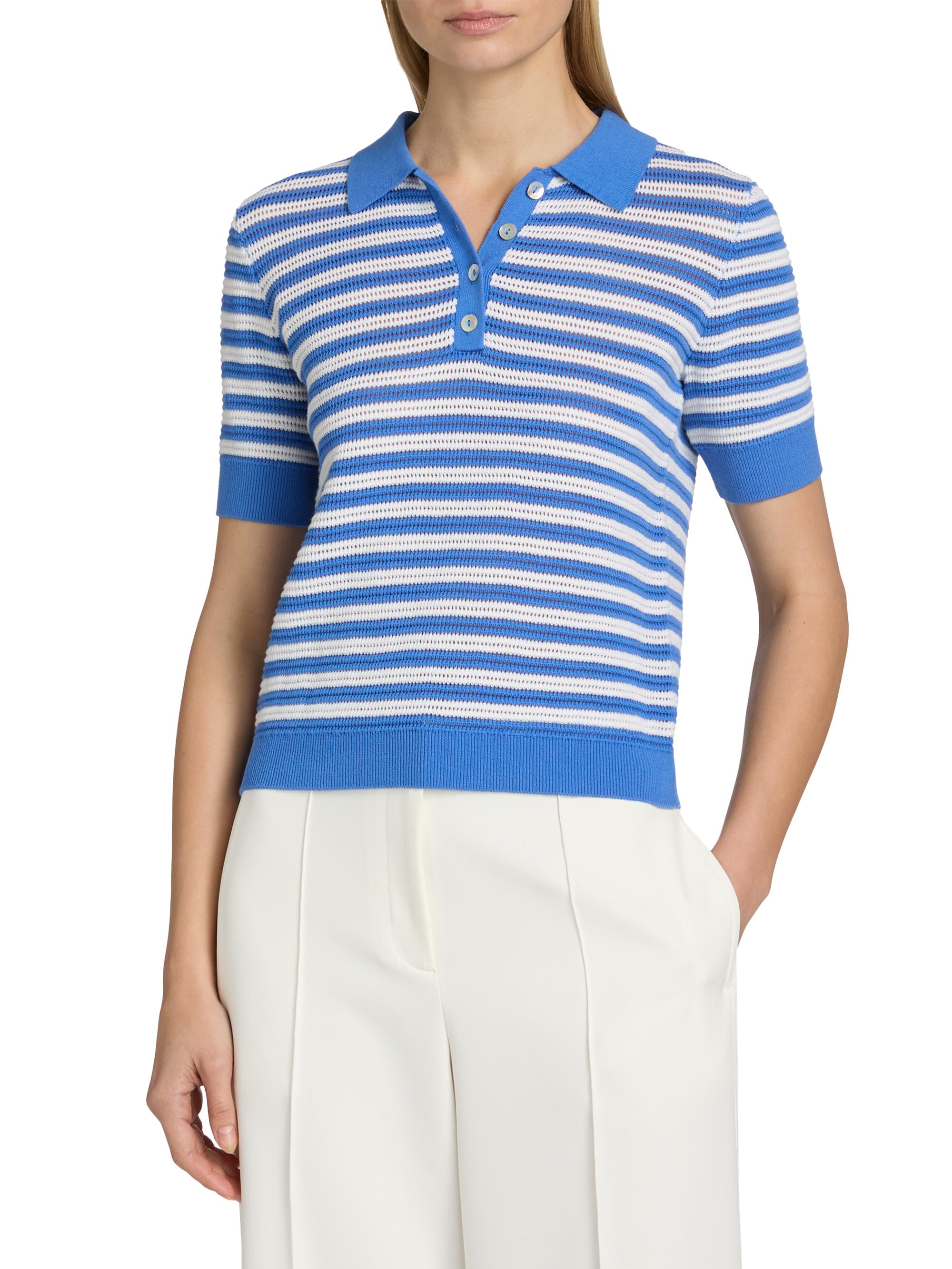 Elie Tahari Women's The Elliot Striped Cotton Polo Sweater - Seaport Blue | Thumbnail 3