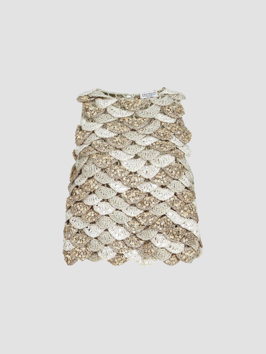 BRUNELLO CUCINELLI ノースリーブ スパンコール装飾 Brunello Cucinelli Handmade Dazzling Shell Opera Knit Top in Jute