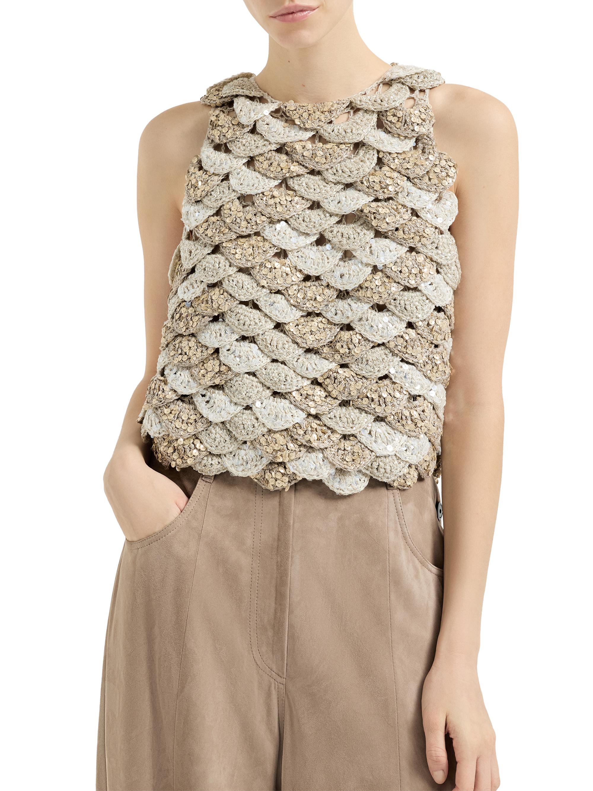 Brunello Cucinelli Handmade Dazzling Shell Opera Knit Top in Jute