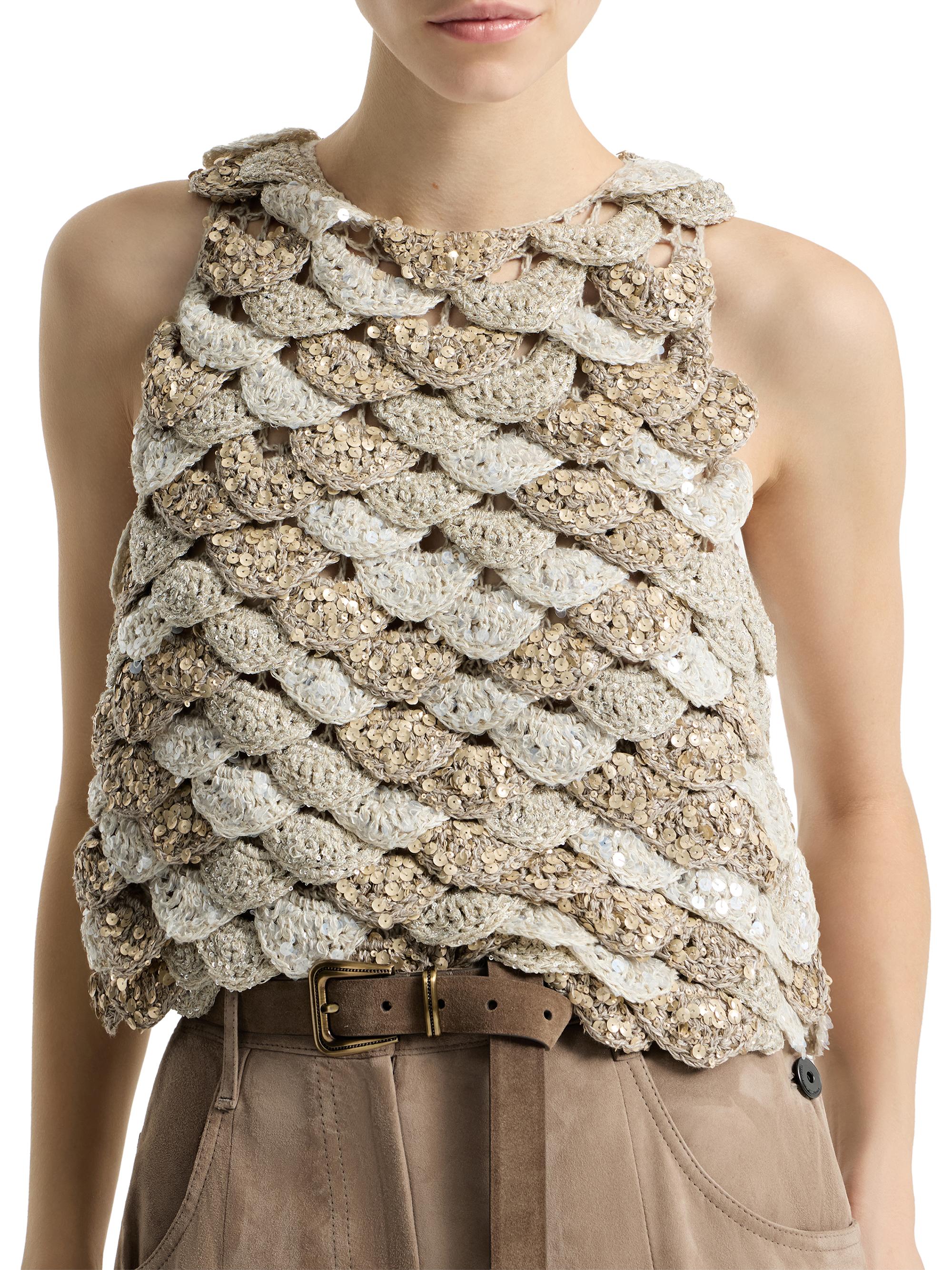 Brunello Cucinelli Handmade Dazzling Shell Opera Knit Top in Jute