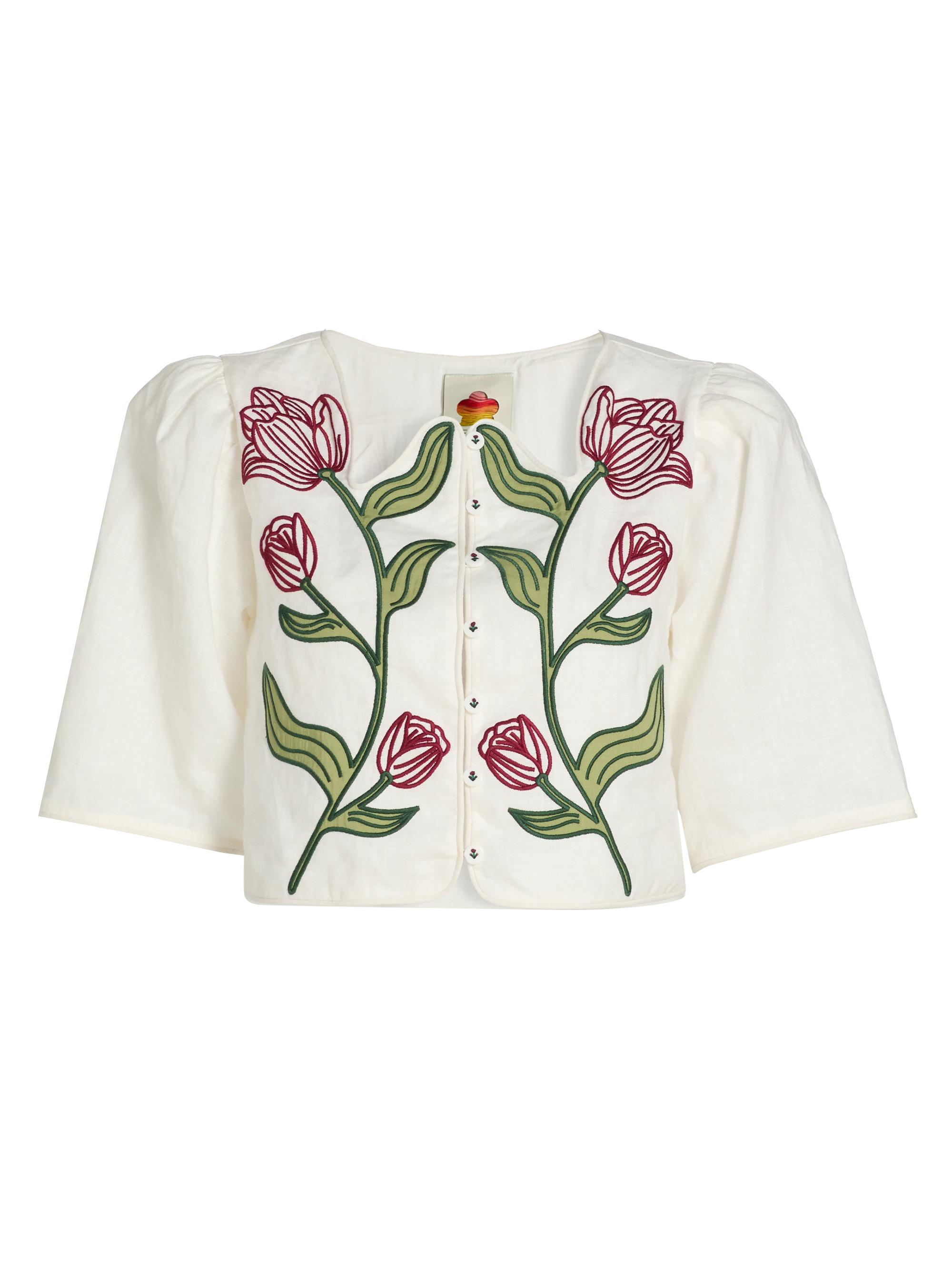 Farm Rio Women's Floral-Embroidered Linen Crop Top - Off White