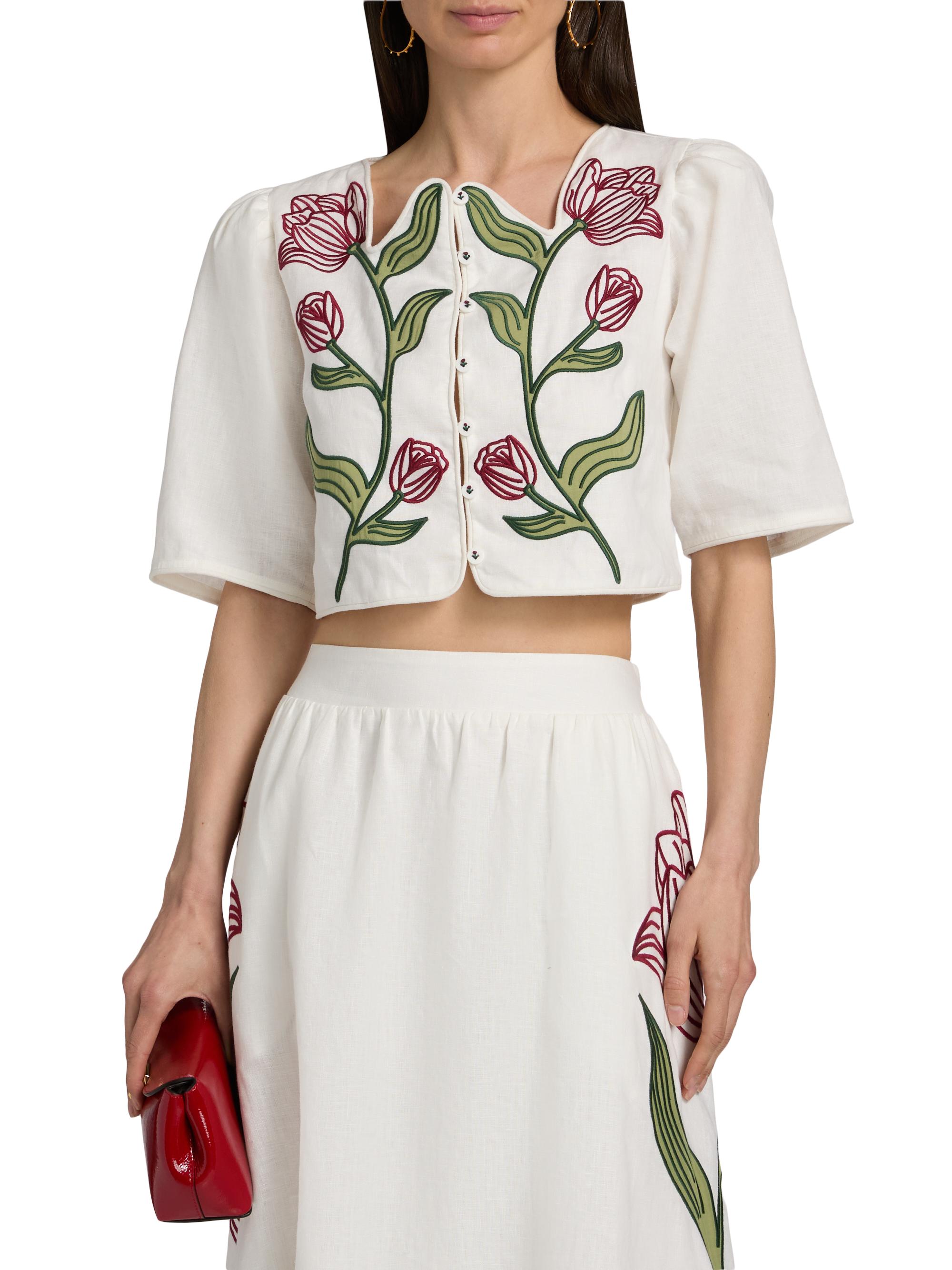 Farm Rio Women's Floral-Embroidered Linen Crop Top - Off White | Thumbnail 3