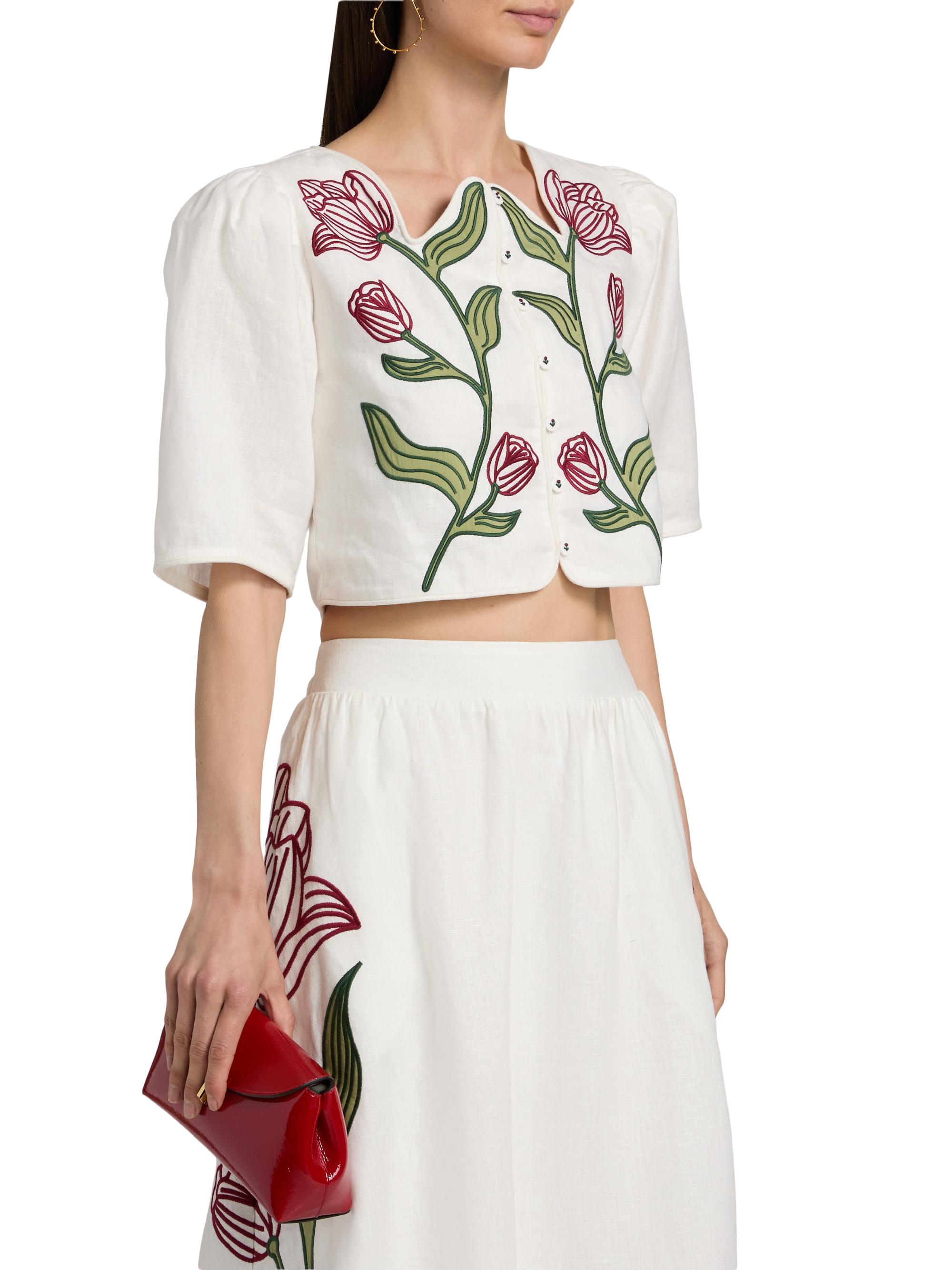 Farm Rio Women's Floral-Embroidered Linen Crop Top - Off White | Thumbnail 4