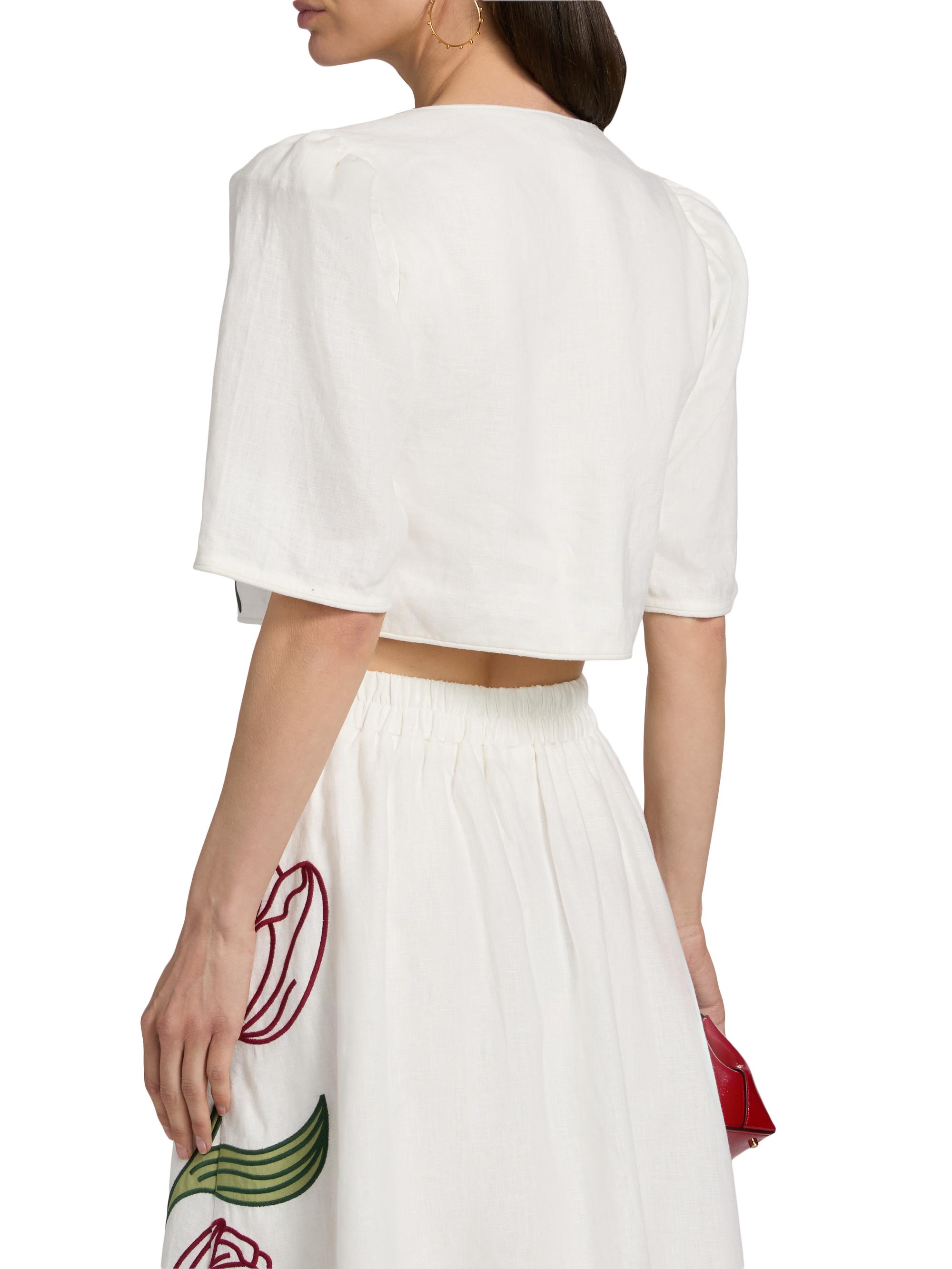 Farm Rio Women's Floral-Embroidered Linen Crop Top - Off White | Thumbnail 5