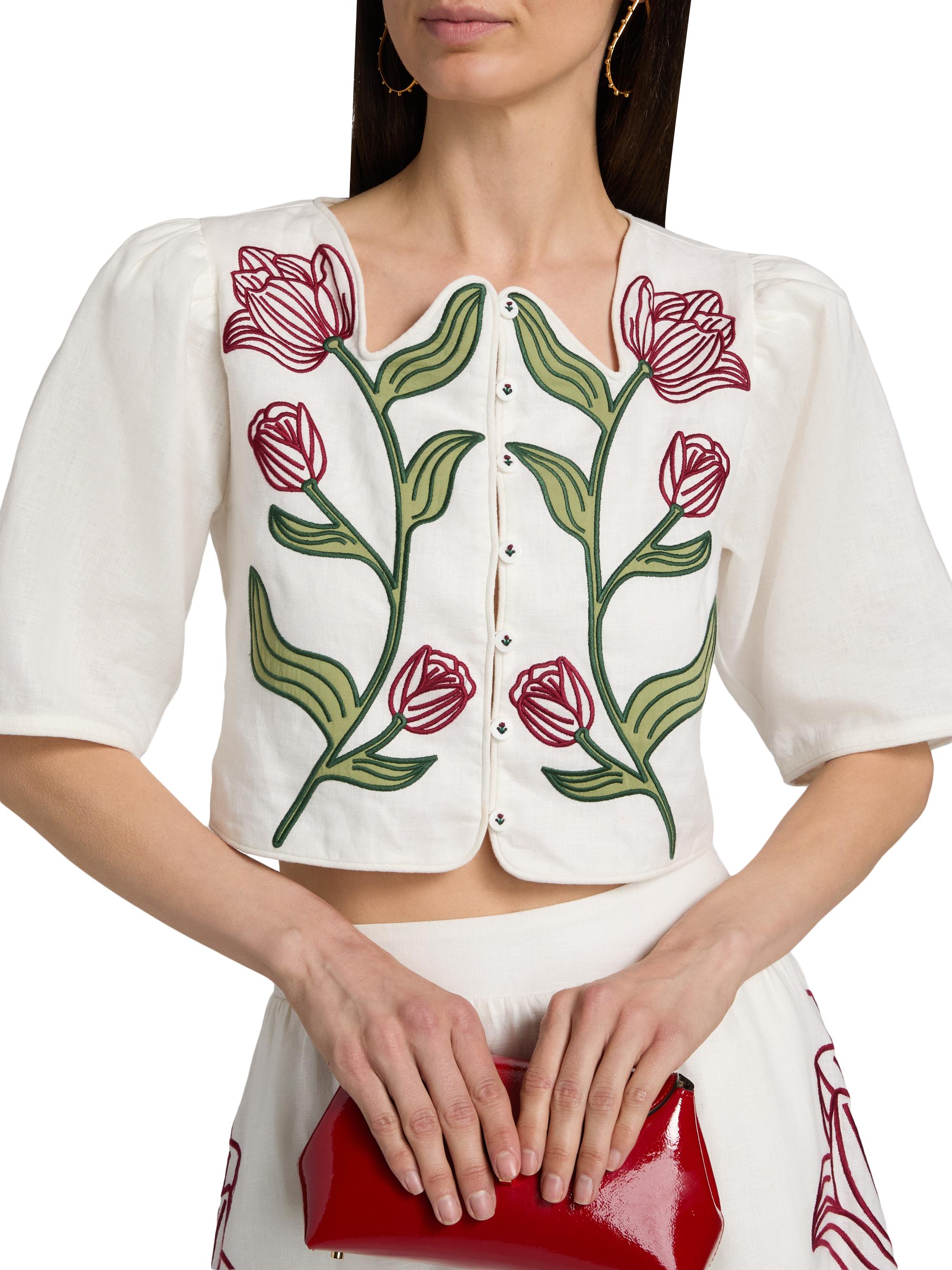 Farm Rio Women's Floral-Embroidered Linen Crop Top - Off White | Thumbnail 6