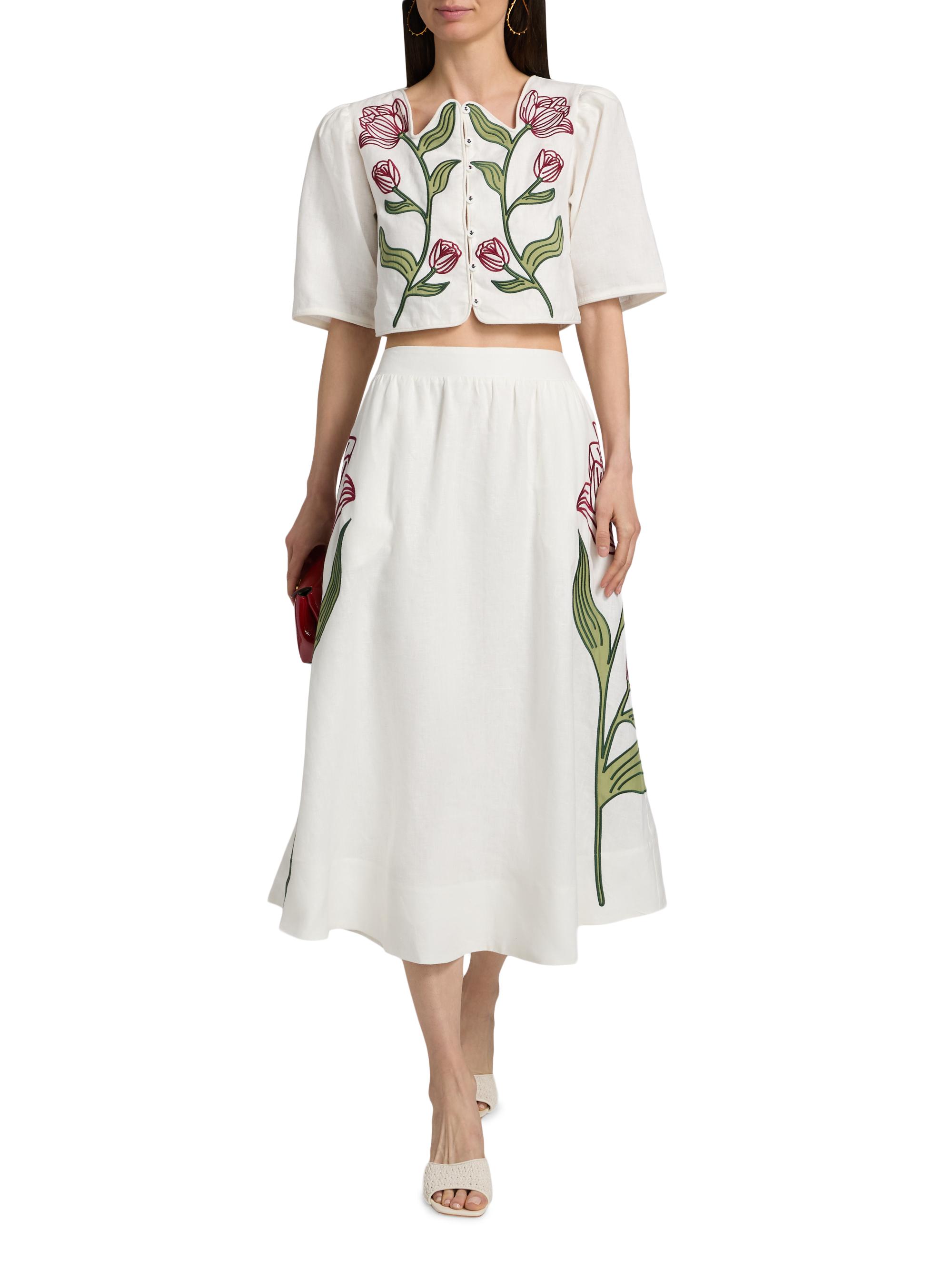 Farm Rio Women's Floral-Embroidered Linen Crop Top - Off White | Thumbnail 2