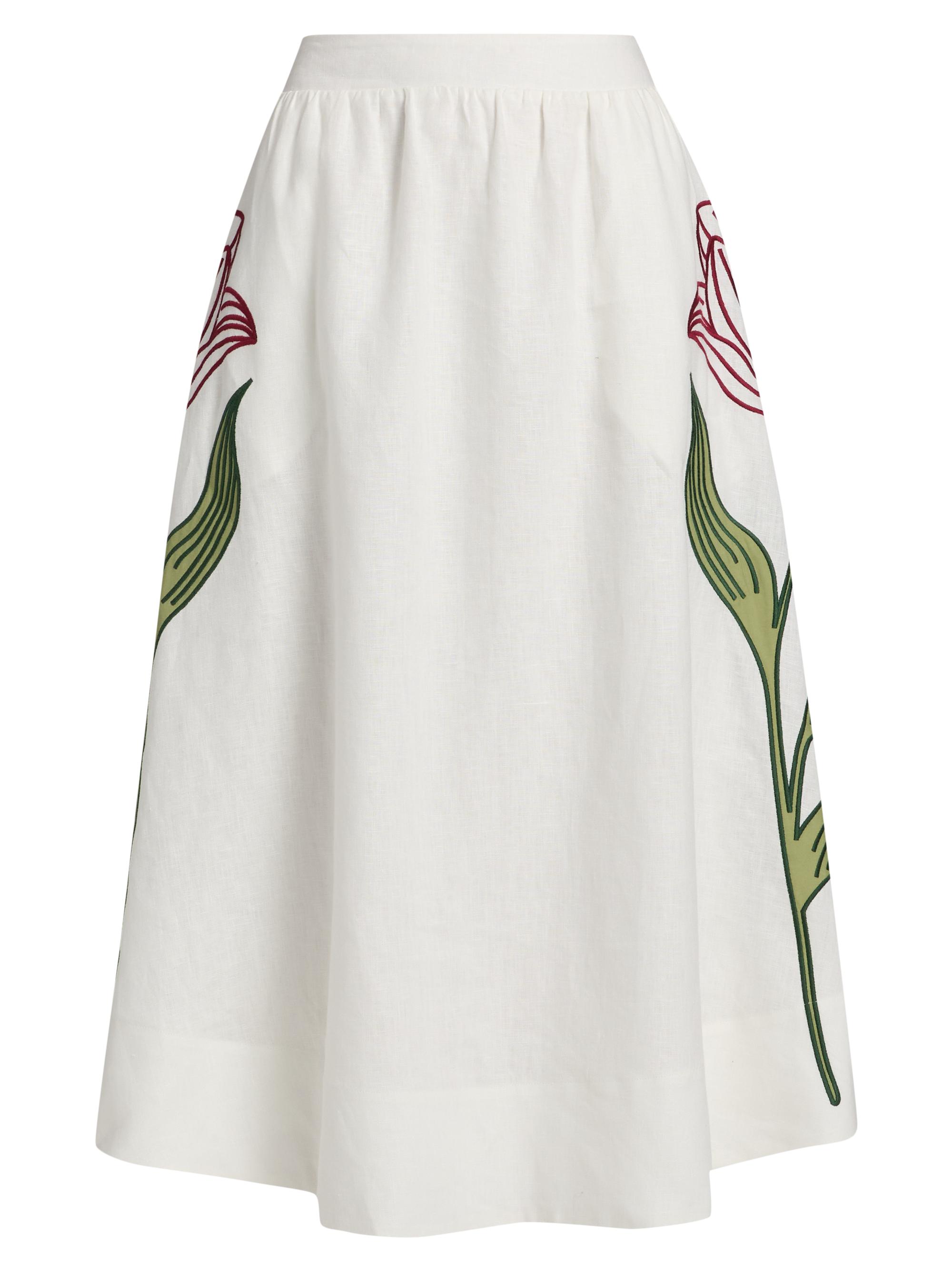 Farm Rio Women's Floral-Embroidered Linen Midi-Skirt - Off White