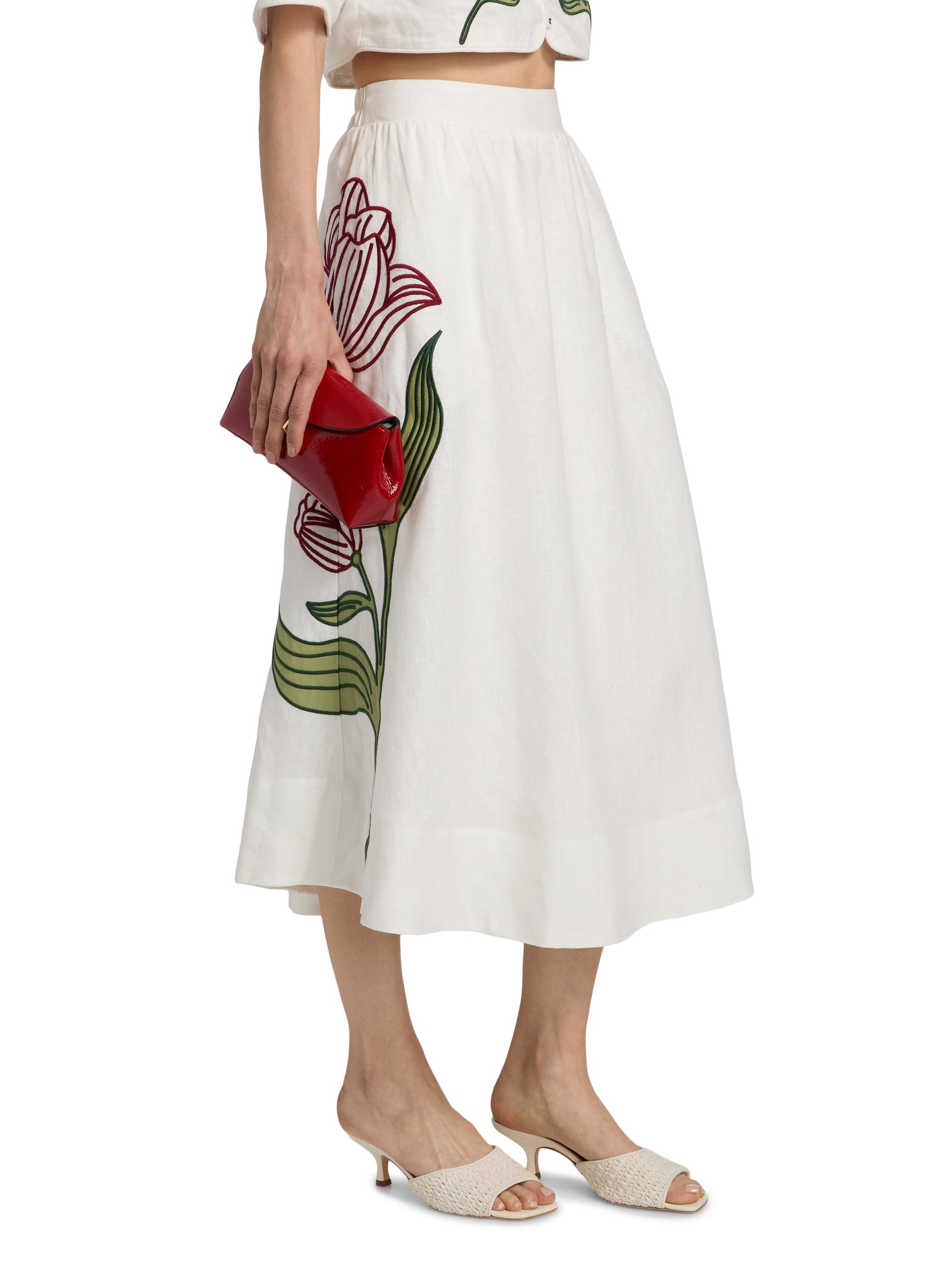 Farm Rio Women's Floral-Embroidered Linen Midi-Skirt - Off White | Thumbnail 4