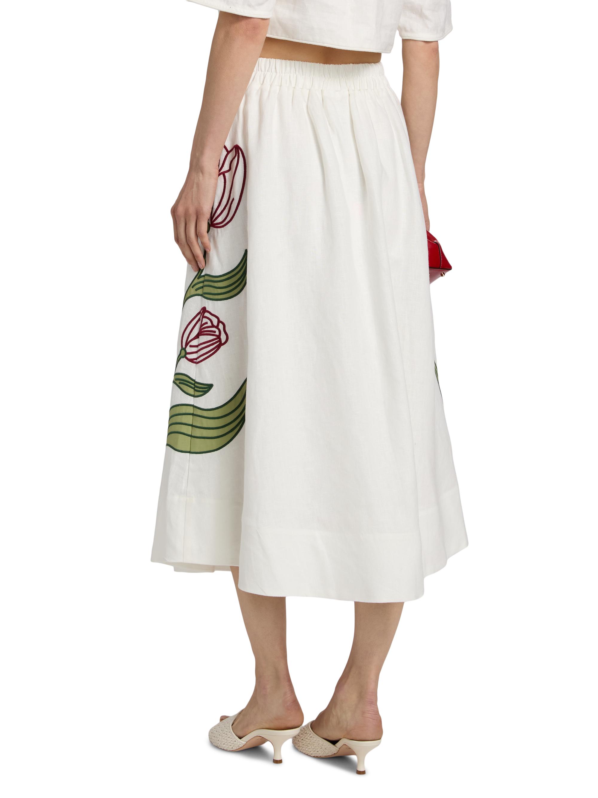 Farm Rio Women's Floral-Embroidered Linen Midi-Skirt - Off White | Thumbnail 5