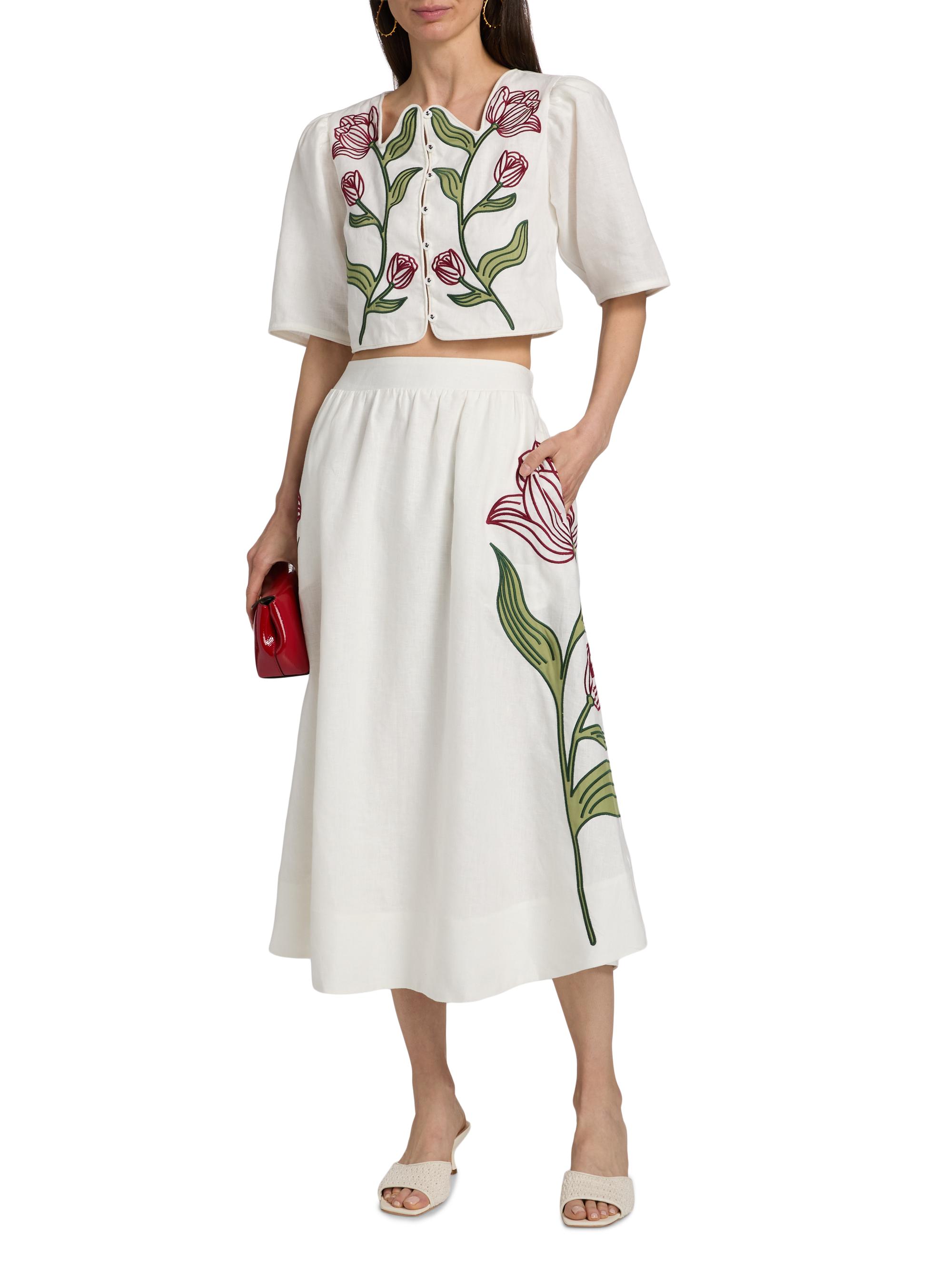 Farm Rio Women's Floral-Embroidered Linen Midi-Skirt - Off White | Thumbnail 2