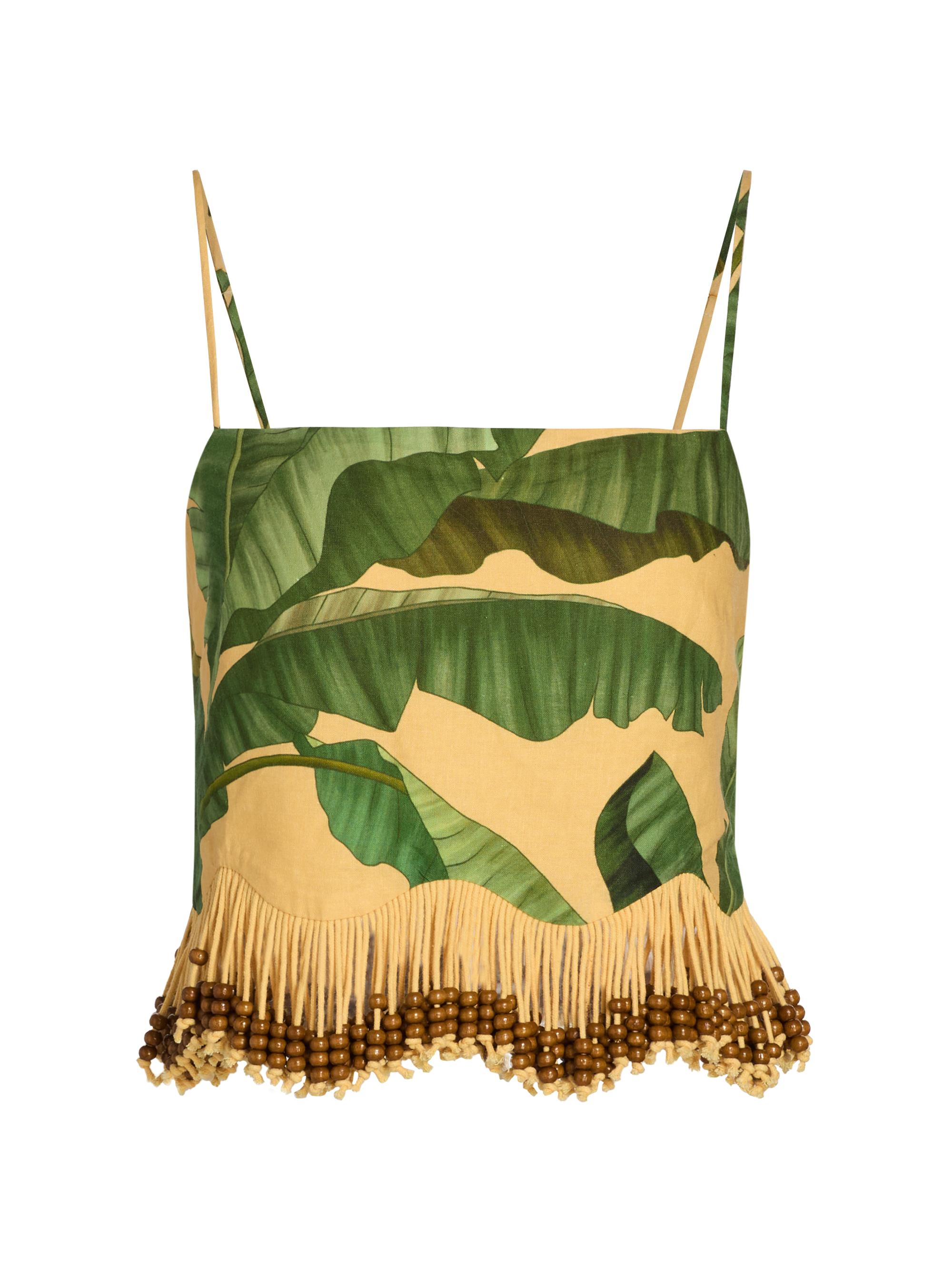 Farm Rio Women's Beaded Fringed Linen-Blend Top - Yellow