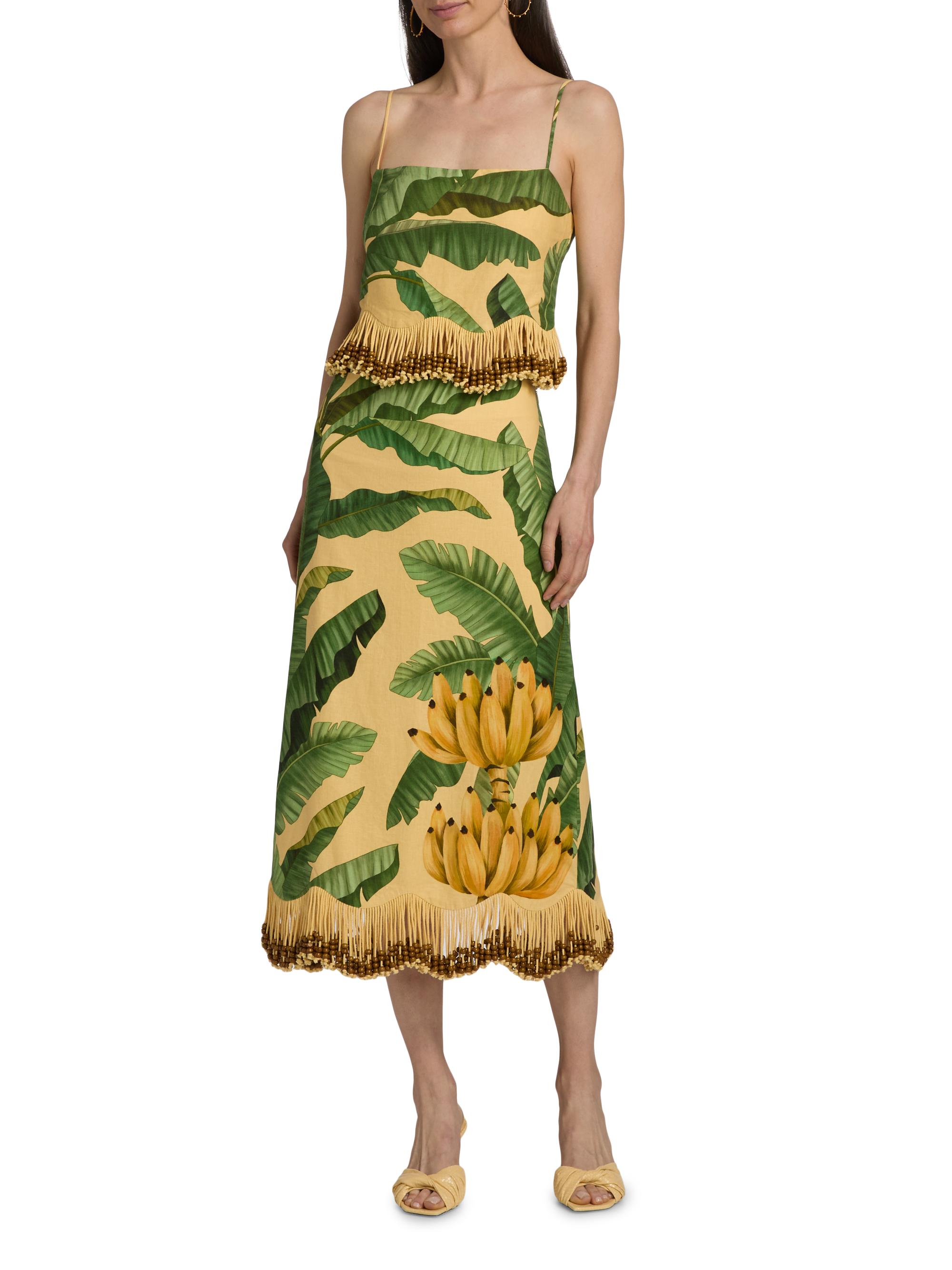 Farm Rio Women's Beaded Fringed Linen-Blend Top - Yellow | Thumbnail 2