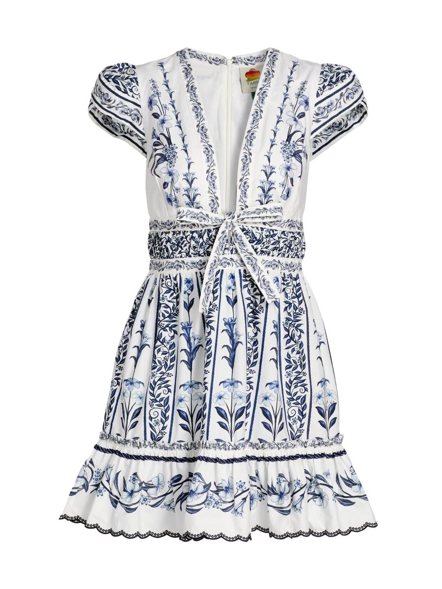 farm rio blue and white dress Romantic Richelieu Maxi Cityscape and palm motifs bring graphic energy to this breezy maxi dress cut from breathable linen for cool comfort on warm days Farm Rio Blue Foliage Tie