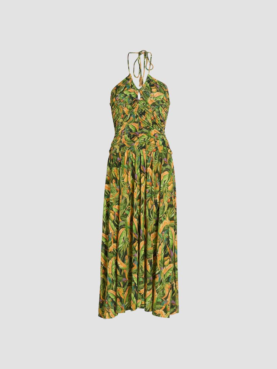 farm rio sand leopard flowers tiered halter cutout midi dress Forest Green Parrots Maxi atf-kg-03.19.26