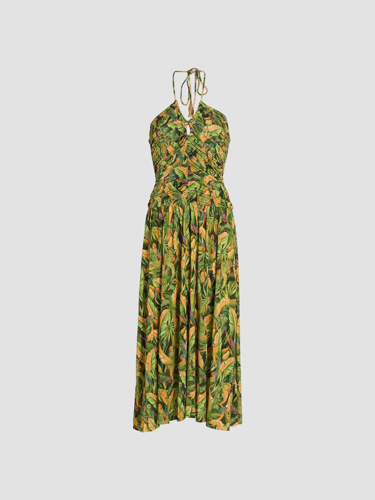 Parrot-Print Ruched Midi Dress
