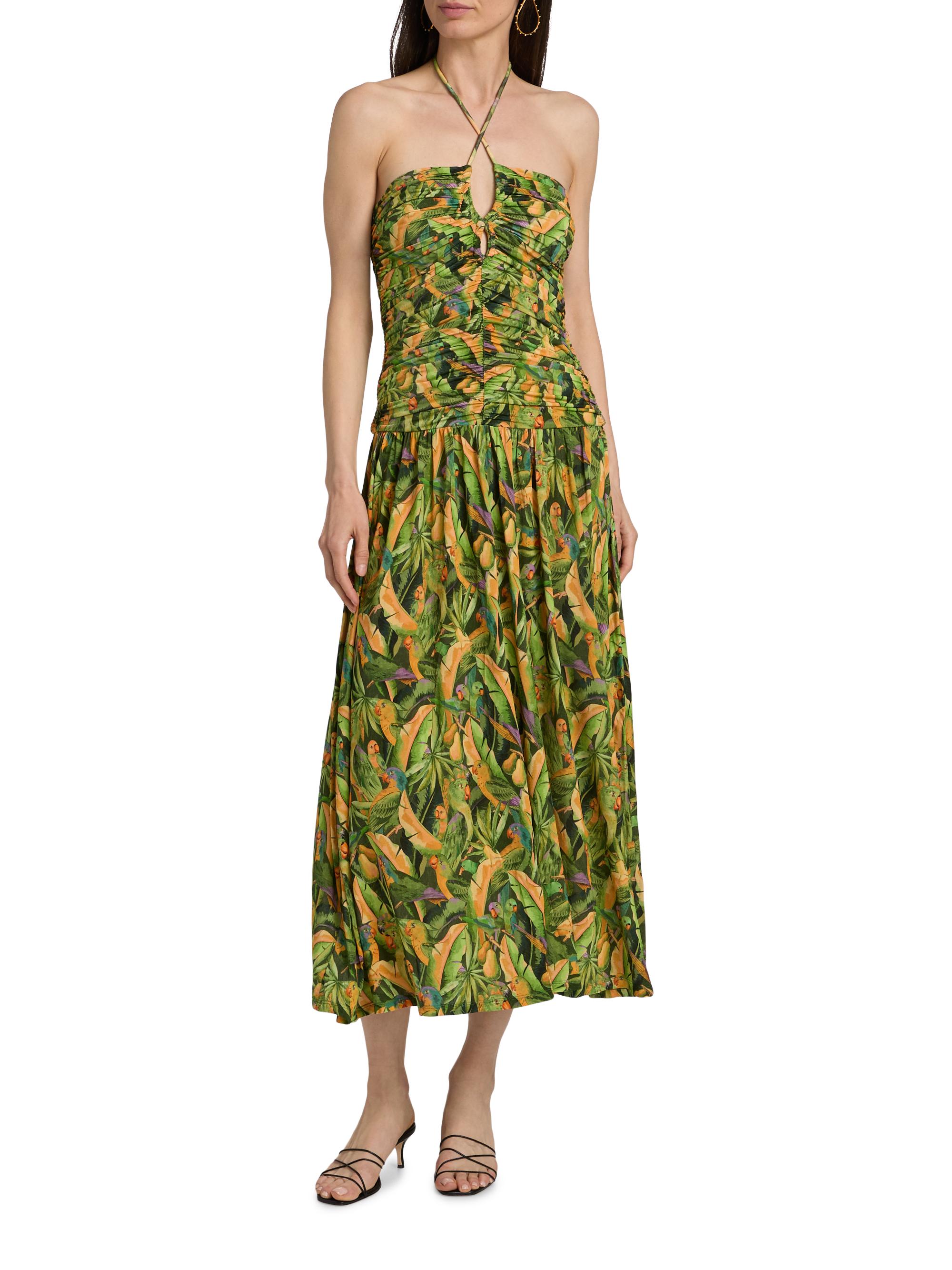 Farm Rio Women's Parrot-Print Ruched Midi Dress - Green | Thumbnail 3