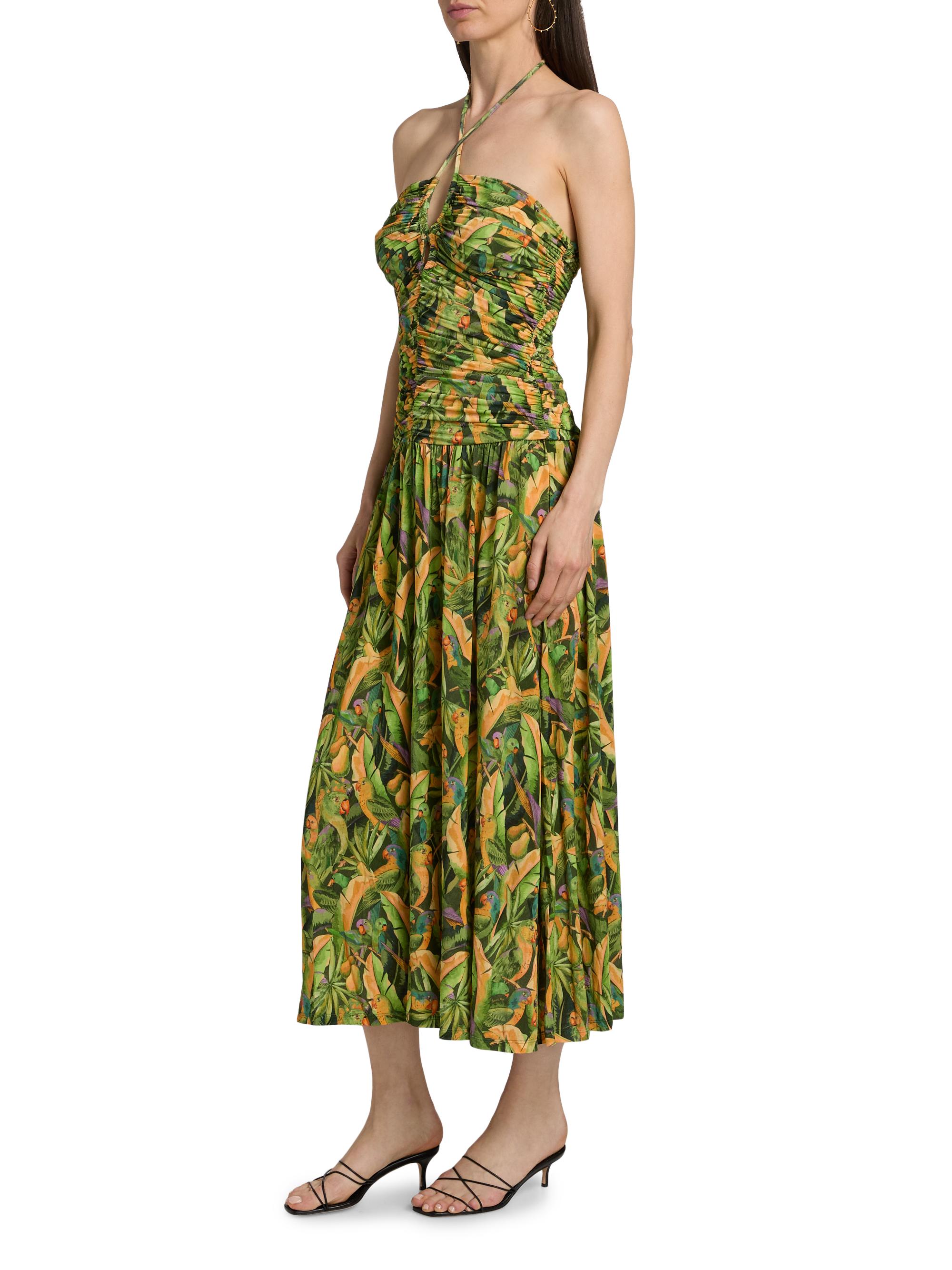 Farm Rio Women's Parrot-Print Ruched Midi Dress - Green | Thumbnail 4