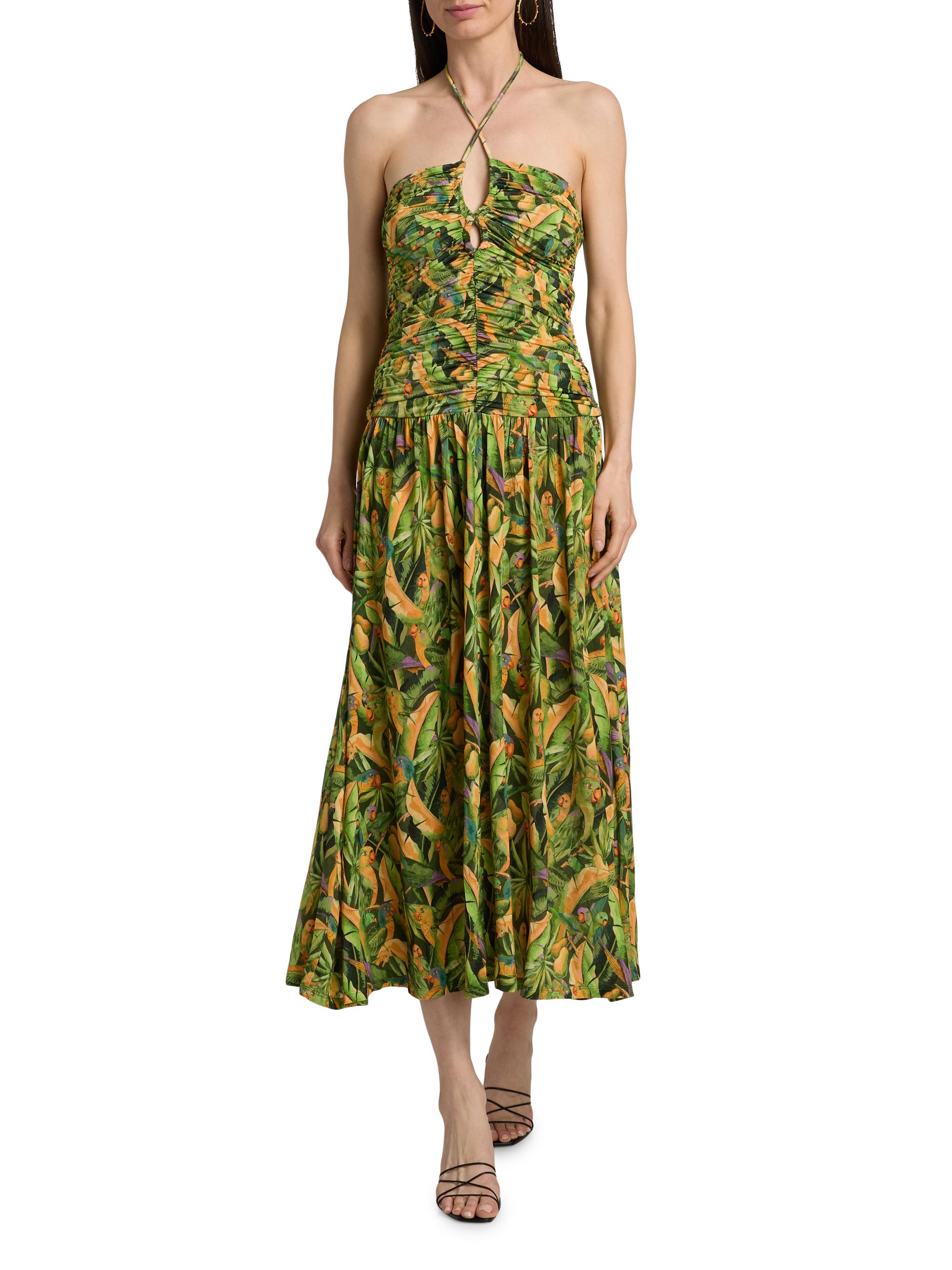 Farm Rio Women's Parrot-Print Ruched Midi Dress - Green | Thumbnail 2