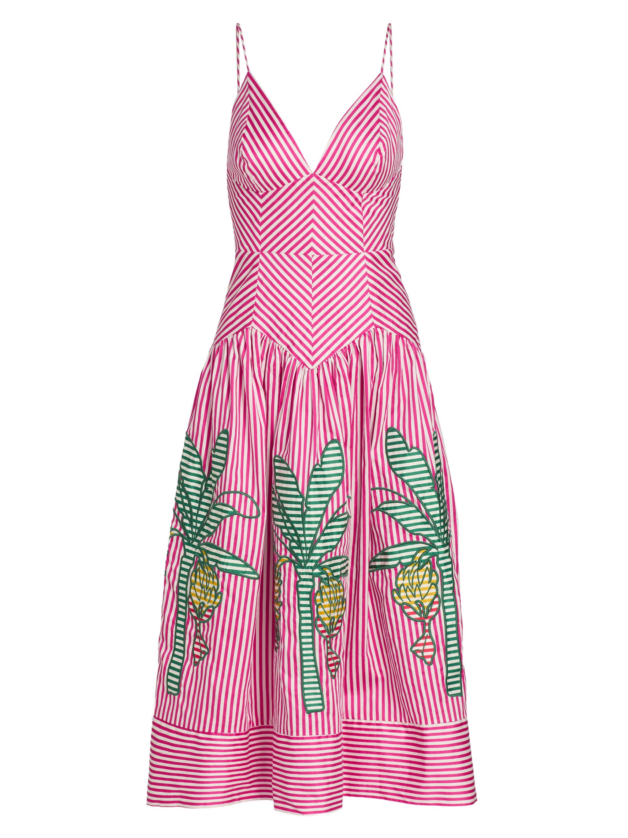 Farm Rio Women's Palm Tree Cutwork Striped Midi-Dress - Pink
