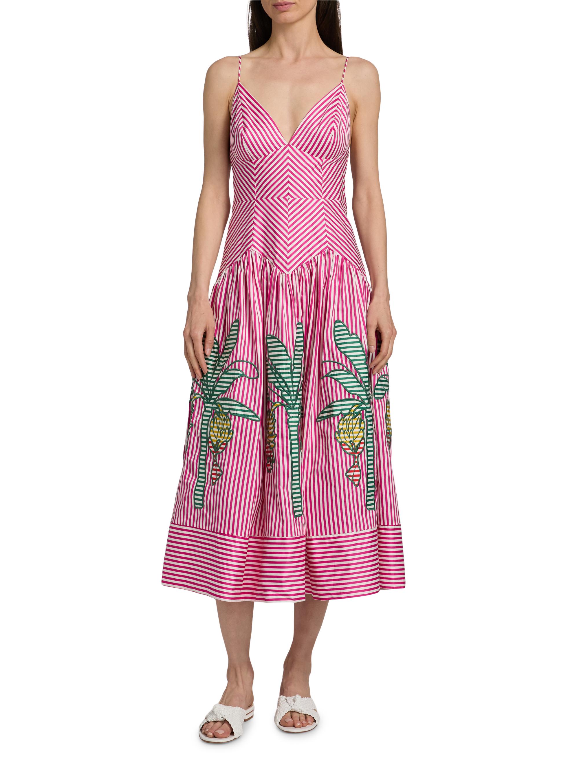 Farm Rio Women's Palm Tree Cutwork Striped Midi-Dress - Pink | Thumbnail 3