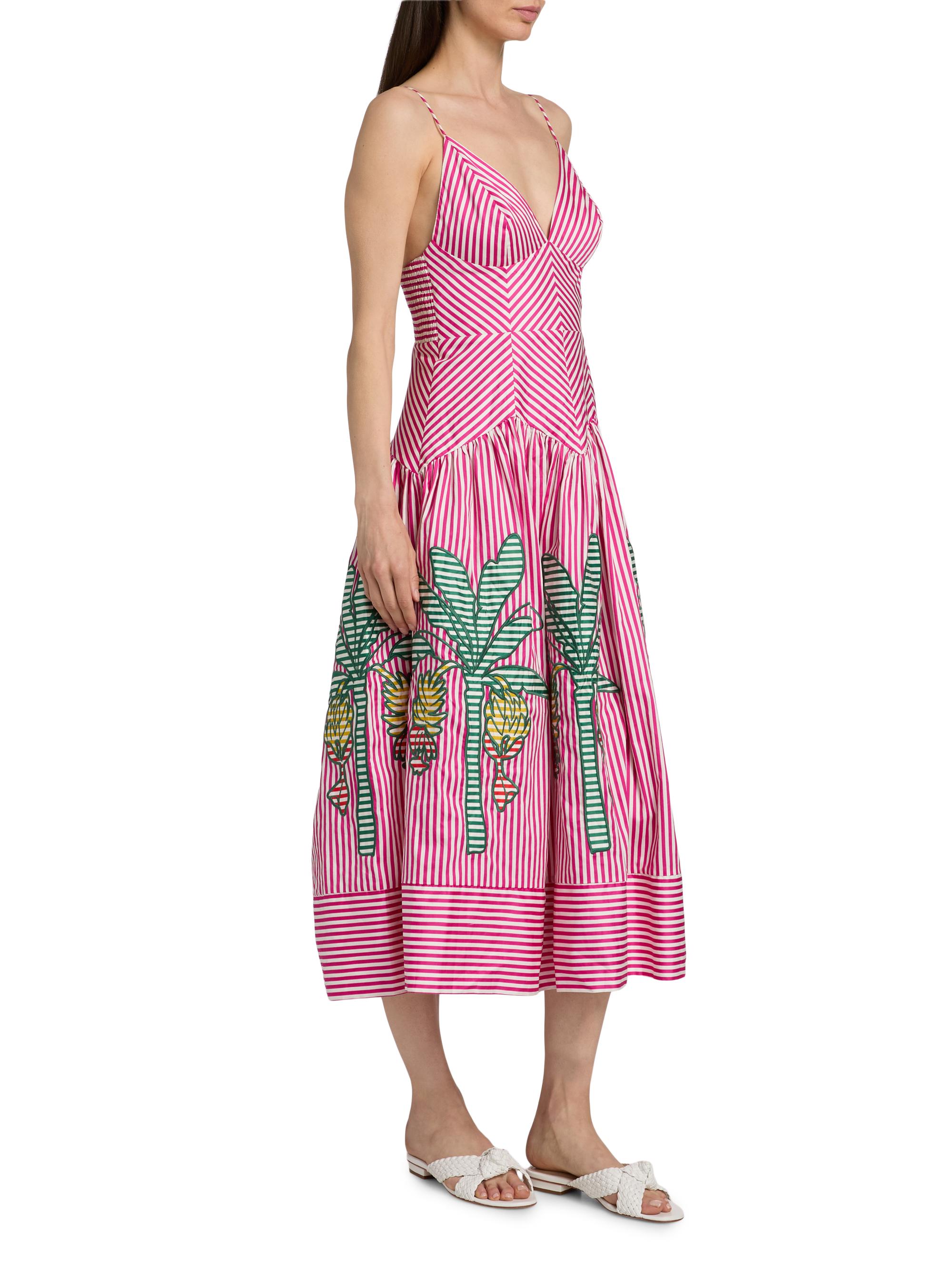 Farm Rio Women's Palm Tree Cutwork Striped Midi-Dress - Pink | Thumbnail 4