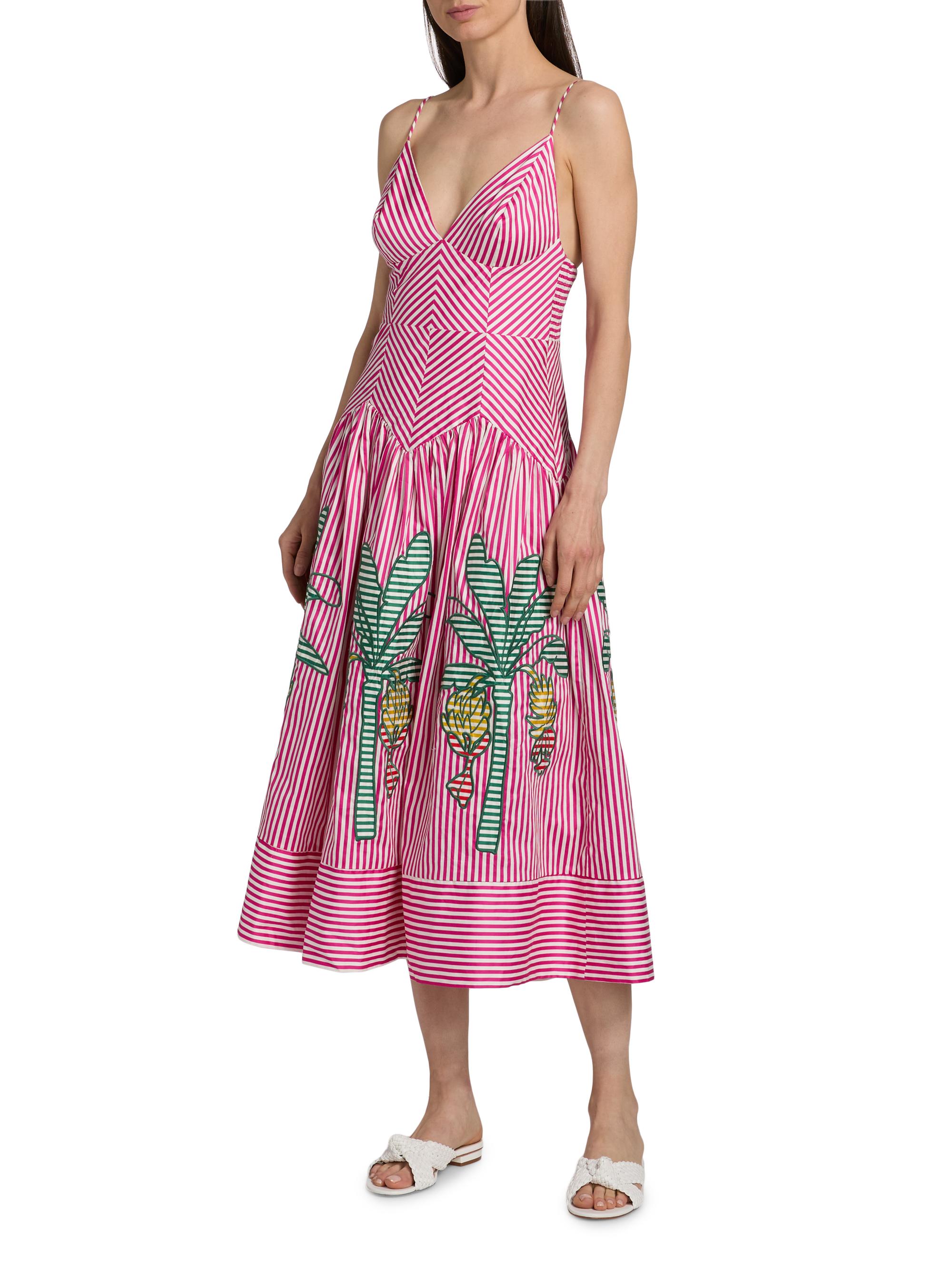 Farm Rio Women's Palm Tree Cutwork Striped Midi-Dress - Pink | Thumbnail 2