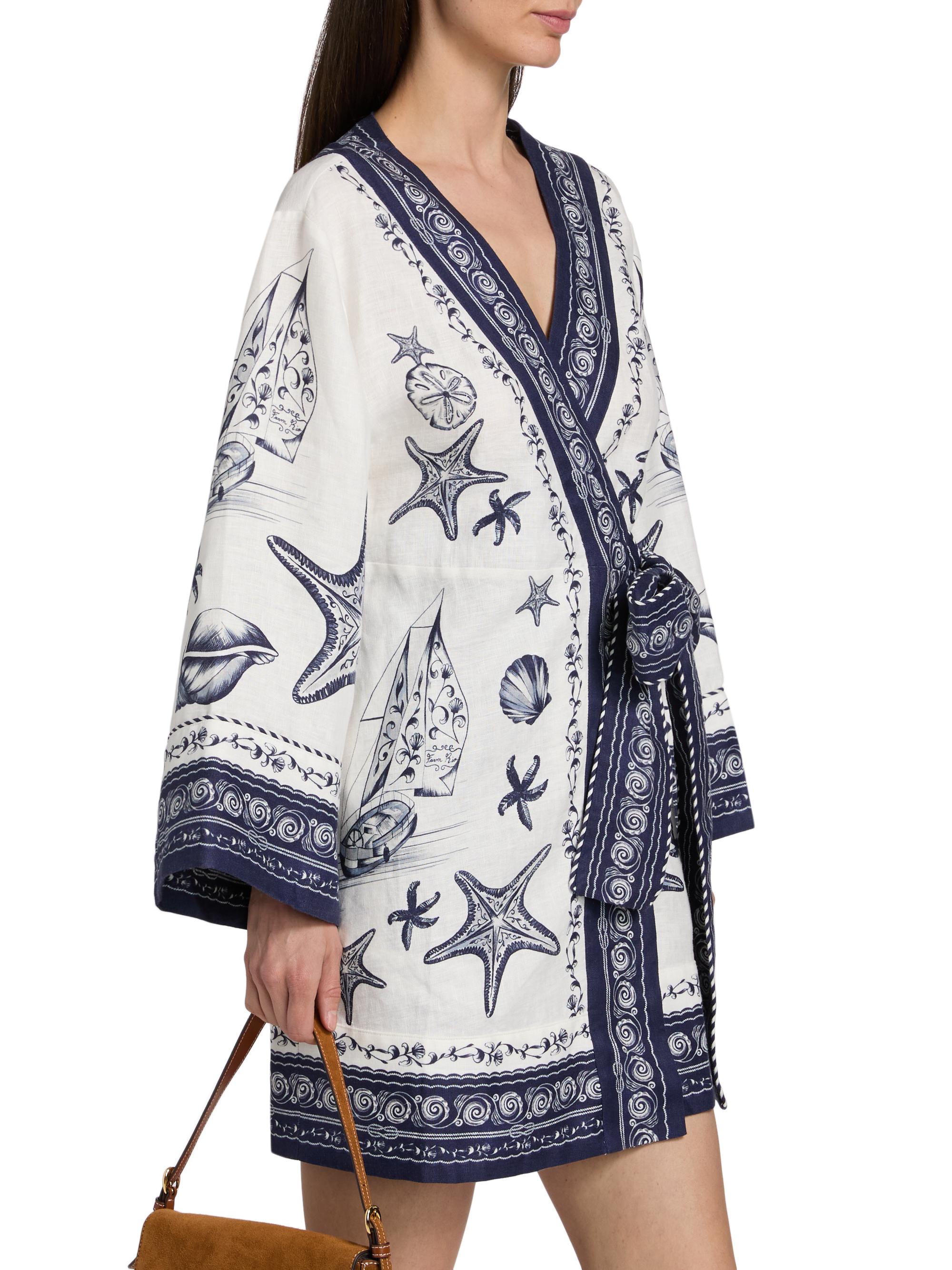 Farm Rio Women's Coast Scarf Linen Tie-Waist Minidress - Off White | Thumbnail 4
